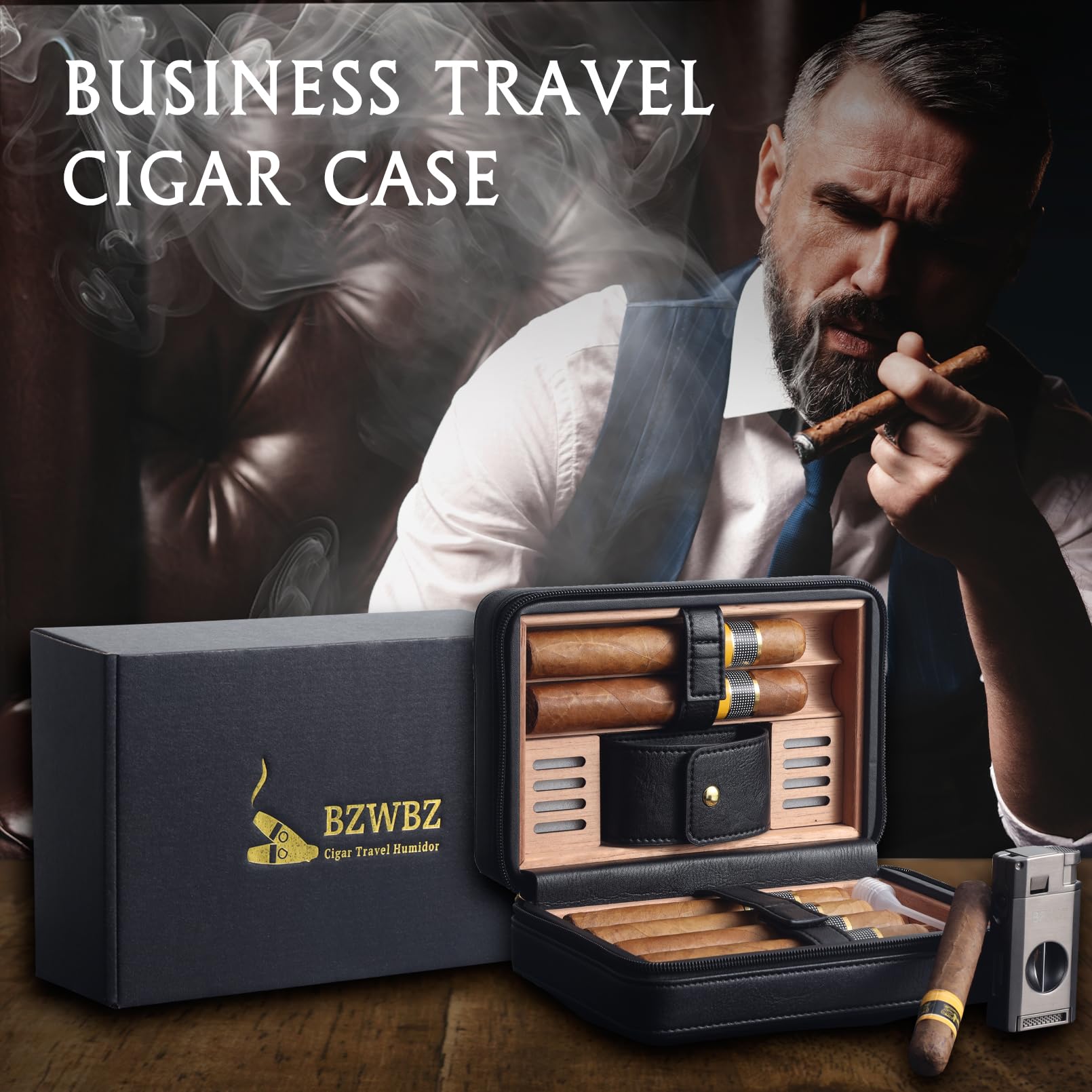 Premium Travel Cigar Humidor Set with Natural Cedar Wood Lining - Includes V-Cut Cutter, Punch Tool & Flameless Lighter - Holds 6 Cigars - Perfect for Outdoor Adventures, Business Trips & Gifts for Cigar Enthusiasts