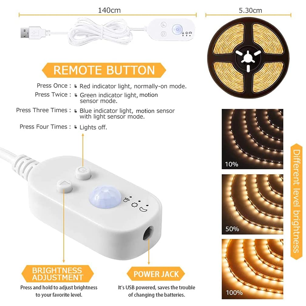Kanemc 16.4ft Motion Sensor LED Strip Lights - Warm White USB-Powered Rope Lighting with Day/Night Modes, Dimmable & Cuttable Design + 10 Free Cable Clips - Perfect for Under Cabinet Lighting, Bedroom Decor, and Staircase Safety