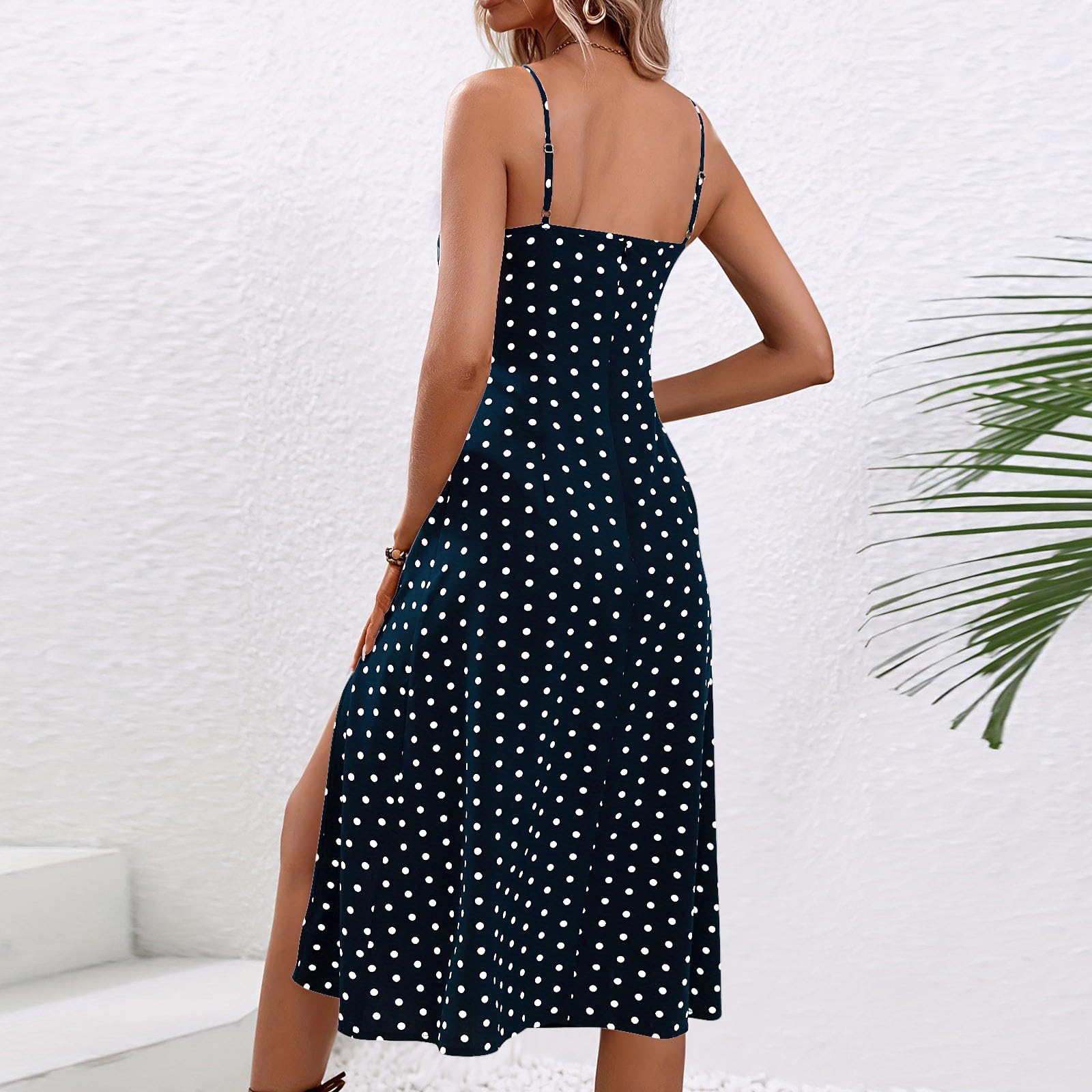 2024 Women's Polka Dot Sundress - Sleeveless Spaghetti Strap Slit Dress for Casual Wear & Wedding Guest Outfits | Perfect for Beach Vacations, Summer Parties & Date Nights