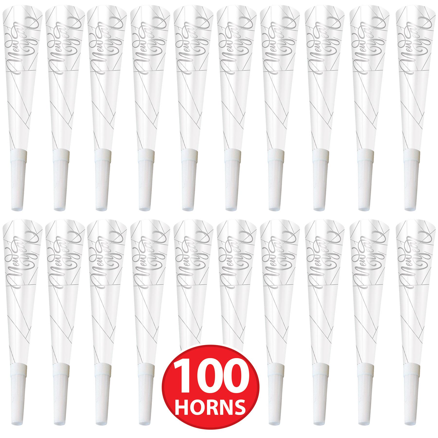 100 Pack Beistle White New Year Silver Party Horns - Perfect for New Year's Eve Celebrations, Birthday Parties & Festive Events