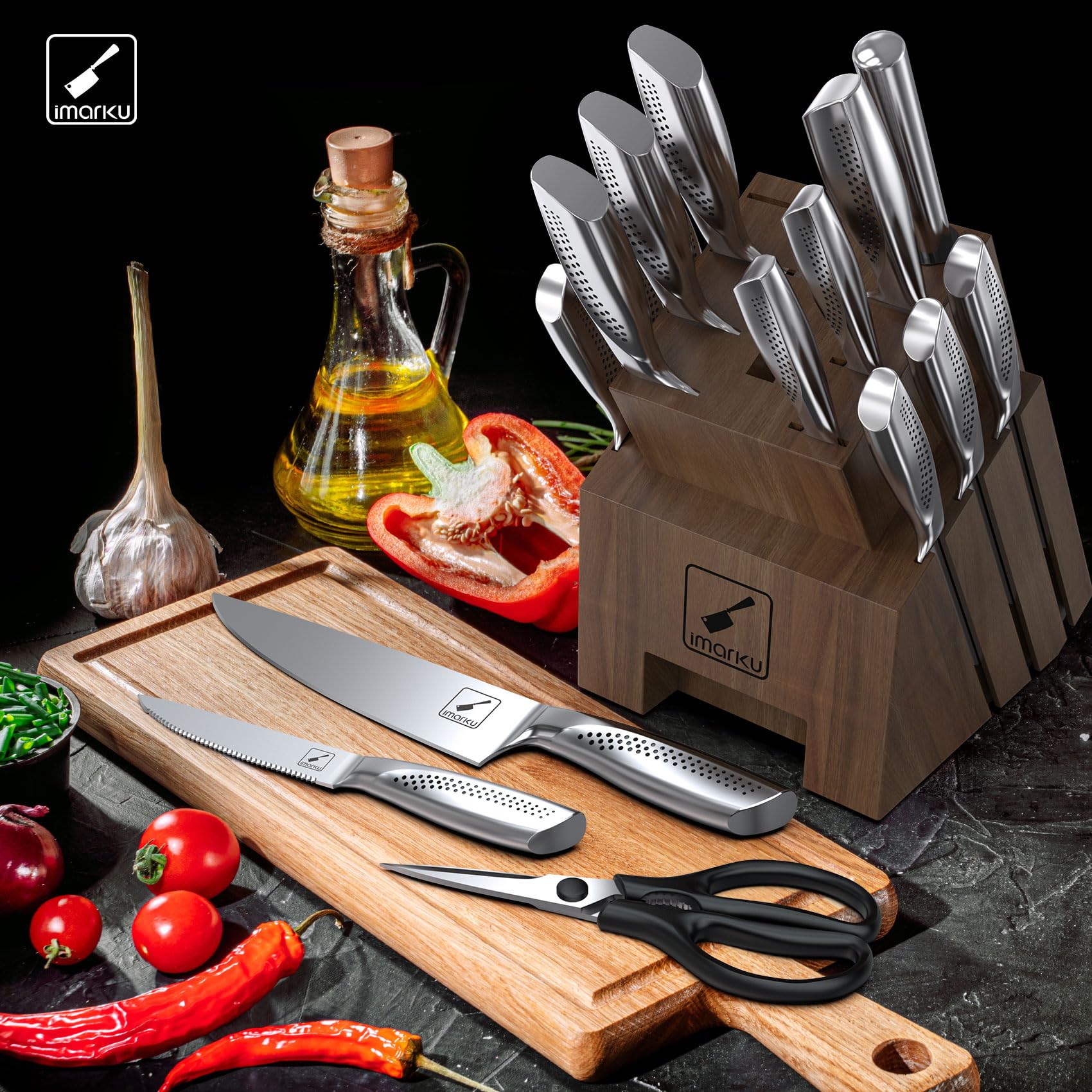 Imarku 16-Piece High Carbon Stainless Steel Kitchen Knife Set with Wooden Block - Ultra Sharp Japanese Knives with Non-Slip Ergonomic Handle, Dark Brown - Perfect for Home Chefs, Cooking Enthusiasts & Wedding Gifts