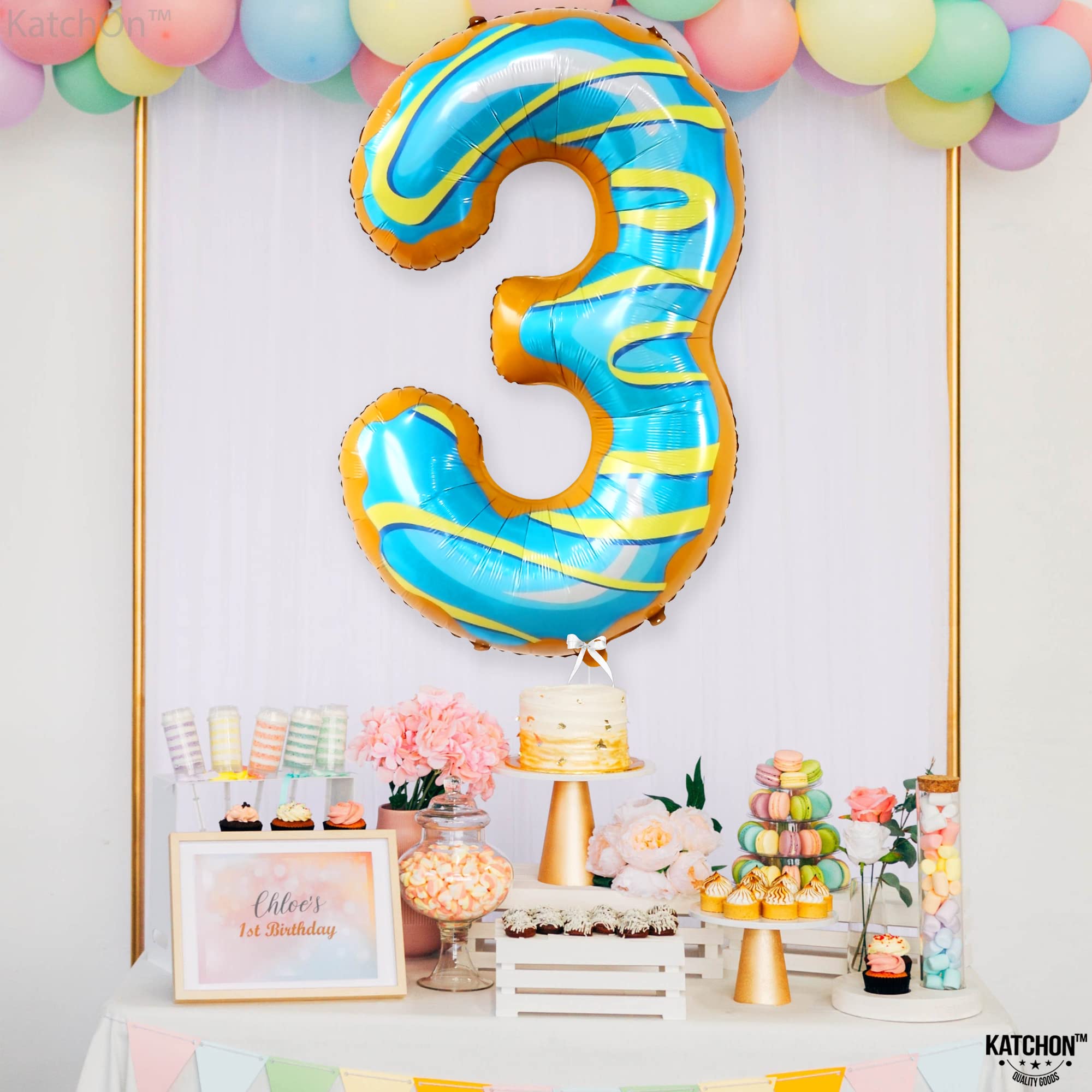 KatchOn Giant 40-Inch Number 3 Donut Balloon - Large Birthday Party Decorations for Kids, Baby Showers & Anniversary Celebrations | Perfect for Photo Backdrops, Cake Smash Sessions & Milestone Events
