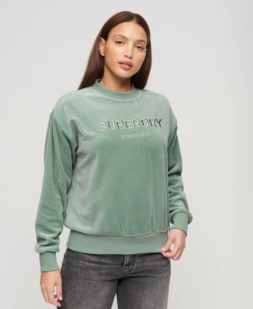 Velour Graphic Boxy Crew Sweatshirt for Women - Light Jade Green Oversized Pullover | Casual Streetwear, Loungewear, and Winter Fashion Outfit
