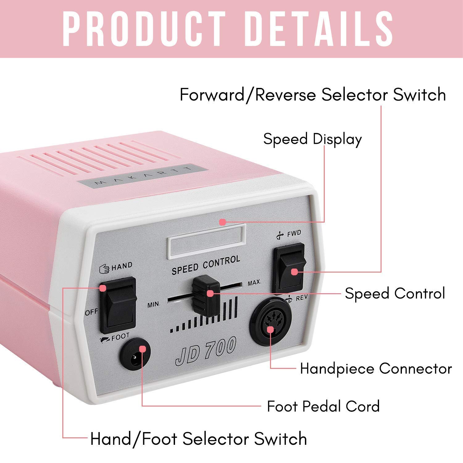 Makartt Geneviere Professional Electric Nail Drill Machine Kit with 3XF Drill Bits - Portable Manicure Pedicure Tool for Salon & Home Nail Care