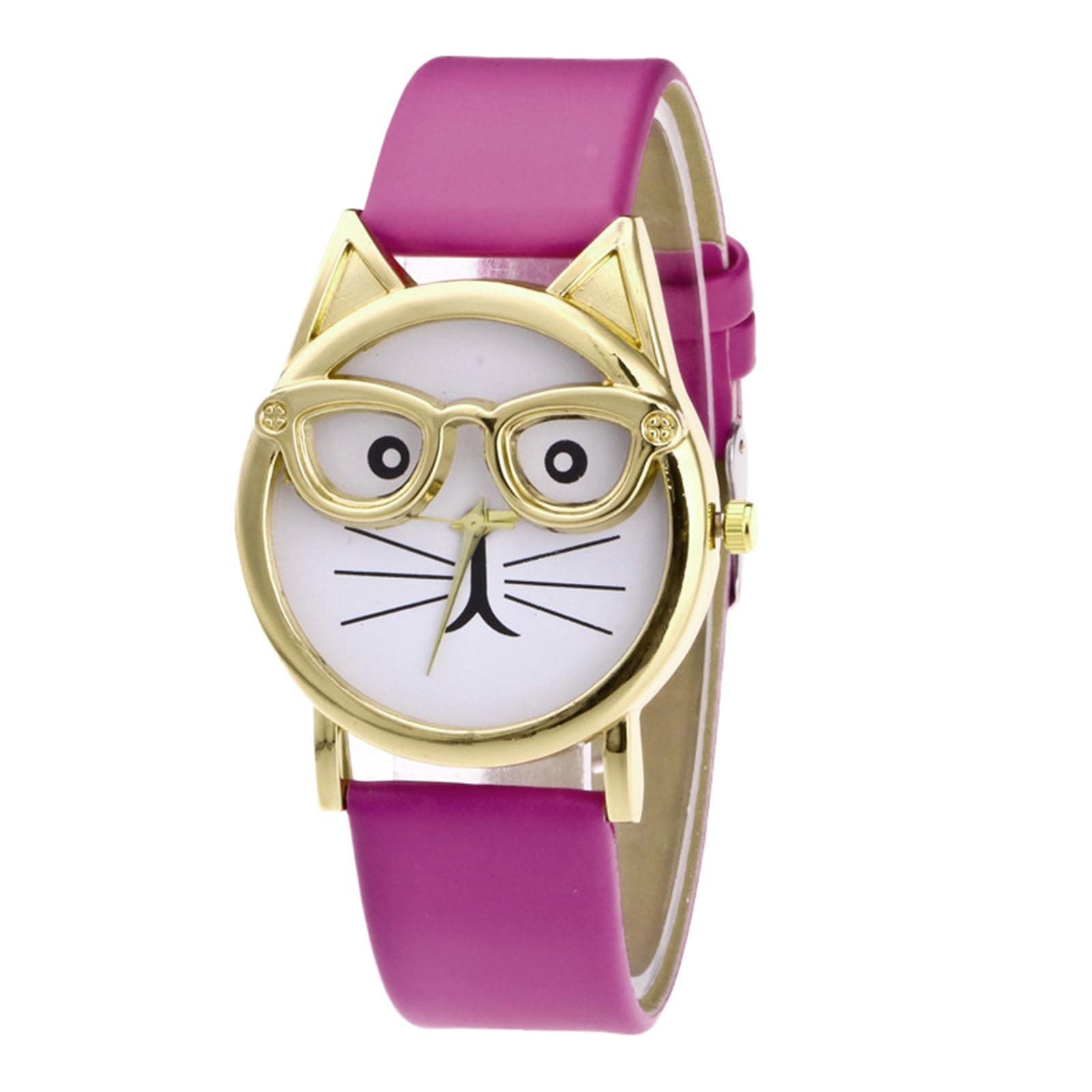 Cute Cat Women Analog Quartz Wrist Watch with Glasses Design - Stylish and Affordable Under $20 for Casual Wear, Gifts, and Everyday Fashion