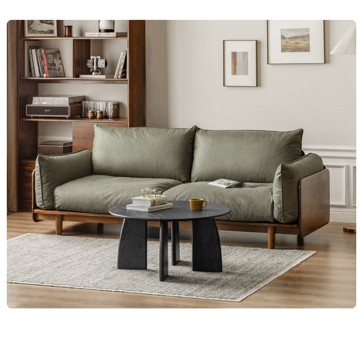 Premium Black Walnut Solid Wood Genuine Leather Sofa - Handcrafted Fabric Sofa for Living Room, Lounge & Office - Modern Comfort Furniture for Home Decor