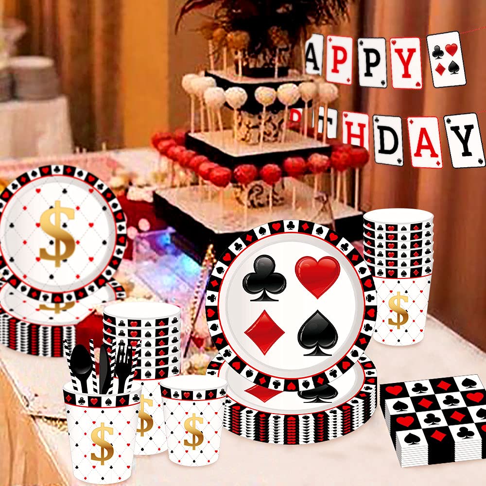 45-Piece Poker Party Plates & Napkins Set with Birthday Banner - Casino & Vegas Themed Party Supplies, Queen of Hearts Decor for Poker Nights, Casino Birthday Parties, and Vegas-Themed Events