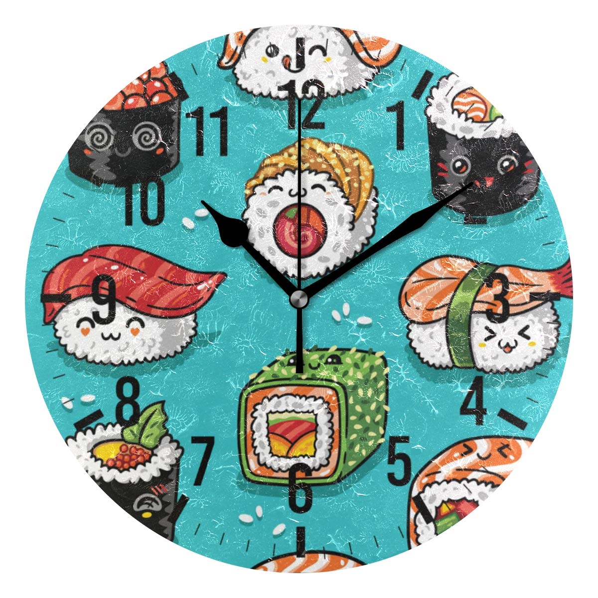 Blueangle Cartoon Sushi Rolls Wall Clock - 10 Inch Round Vintage Kitchen Decor for Home, Office & Restaurant | Perfect for Japanese-Themed Rooms & Sushi Lovers