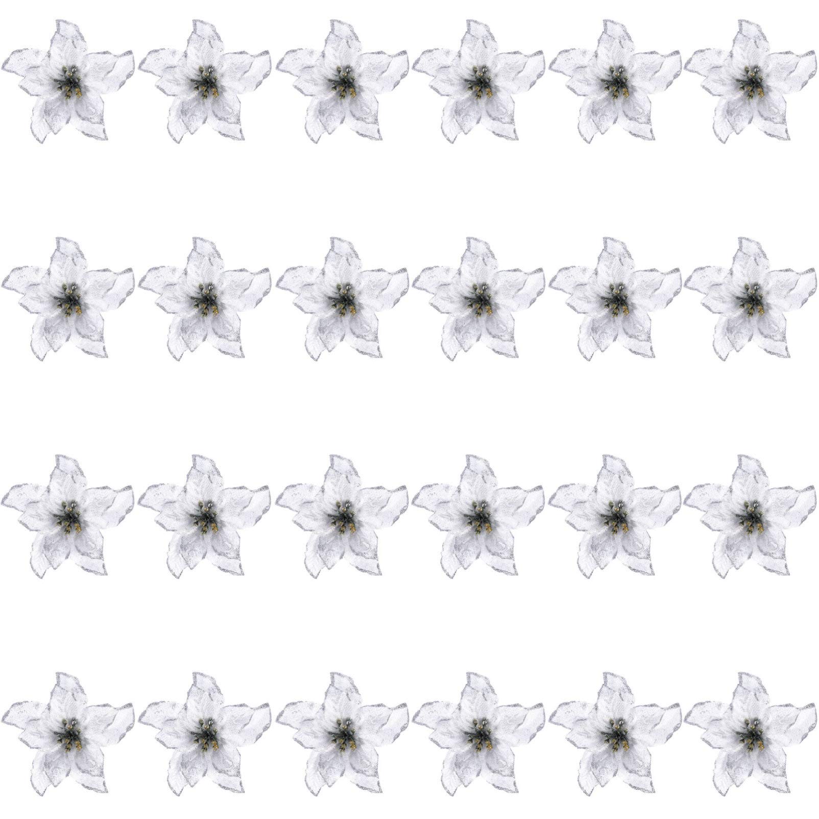 Amosfun 24Pcs Glitter Poinsettia Christmas Flowers - Artificial Holiday Decor for Xmas Tree, Wreath, Party & Home Decorations (Perfect for Christmas Parties, Gift Wrapping & Festive Home Styling)