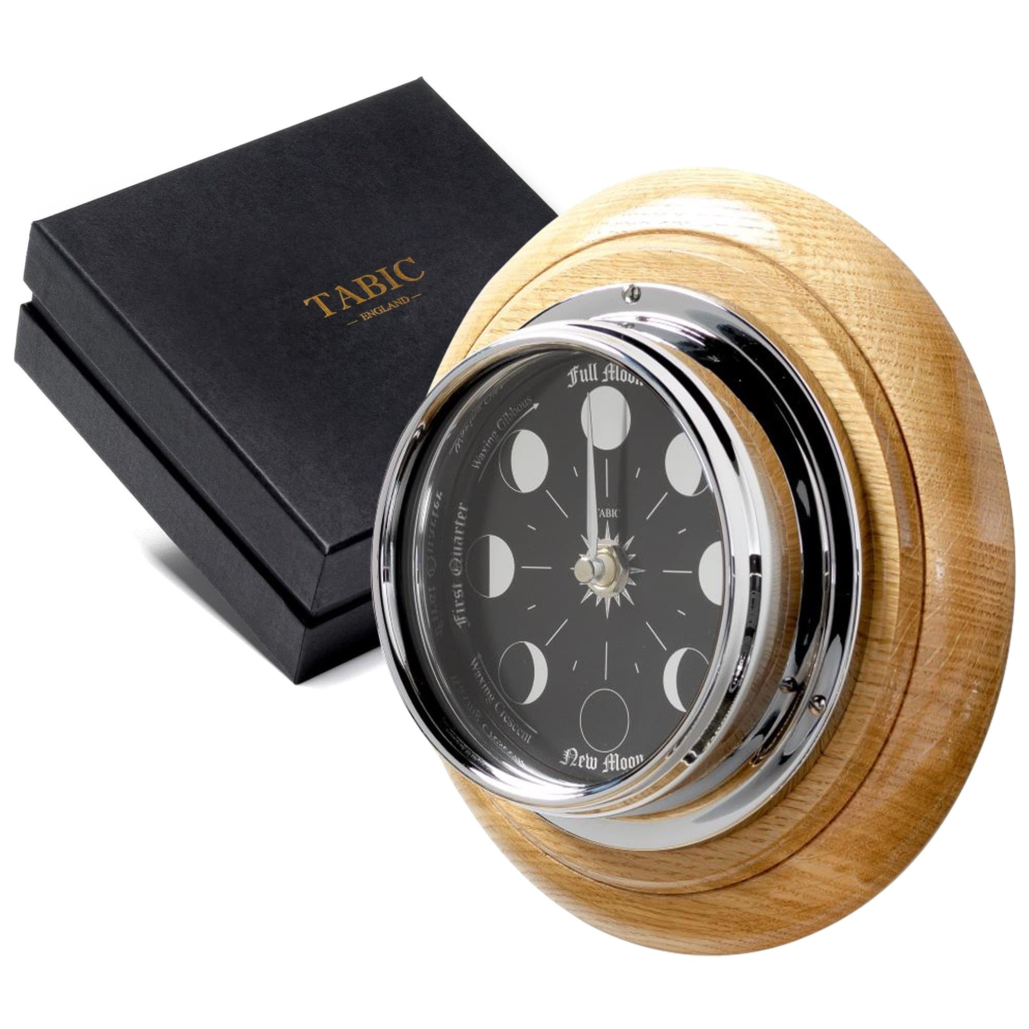 Prestige Chrome Moon Phase Wall Clock - Handcrafted English Oak Frame - Elegant Home & Office Decor for Living Room, Bedroom, Study