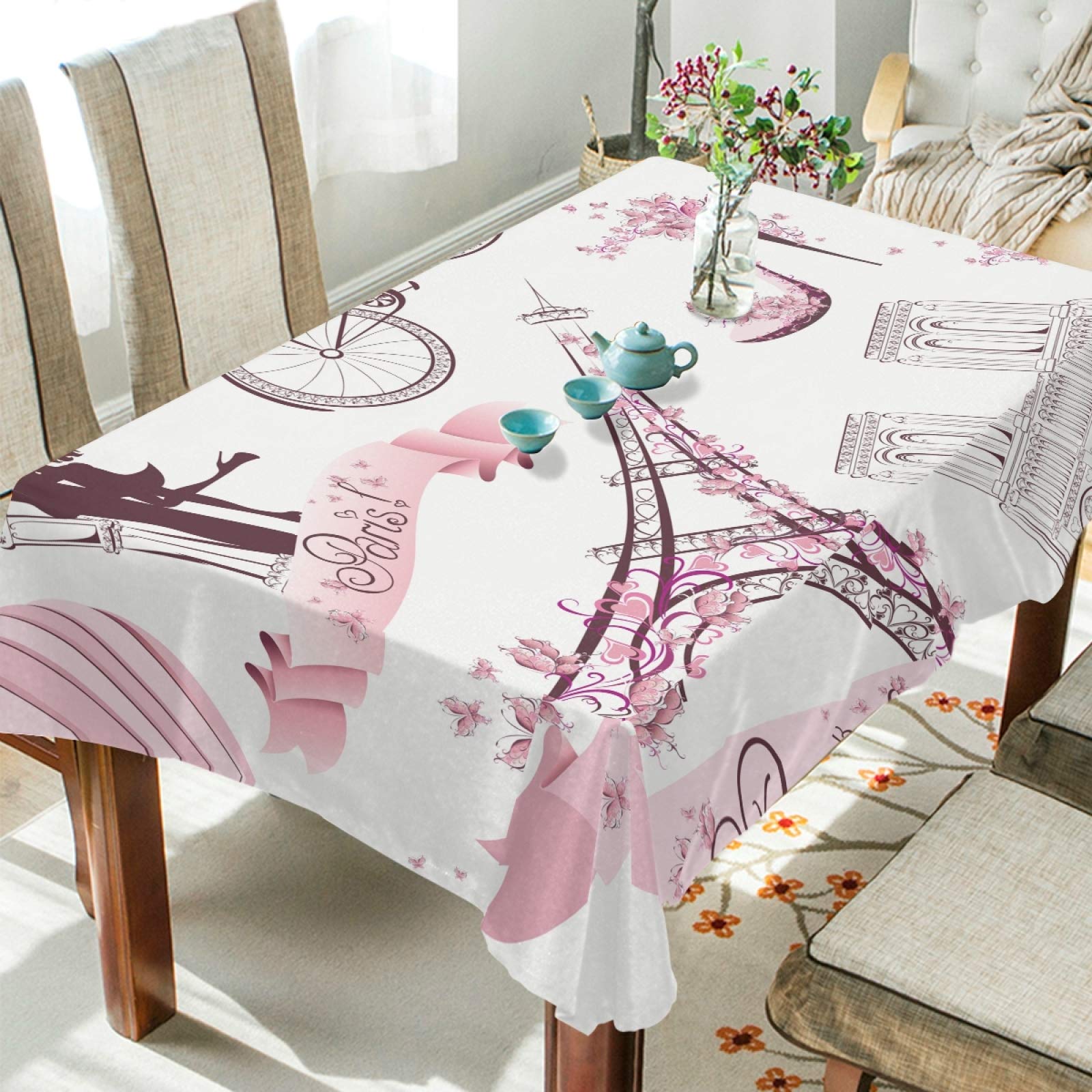 ALAZA Paris Themed Romantic Tablecloth 54x72 Inch - Elegant Rectangle Table Cover for Dining Room, Kitchen, Party & Wedding Decor | Perfect for French-Themed Dinners, Anniversary Celebrations & Home Decor
