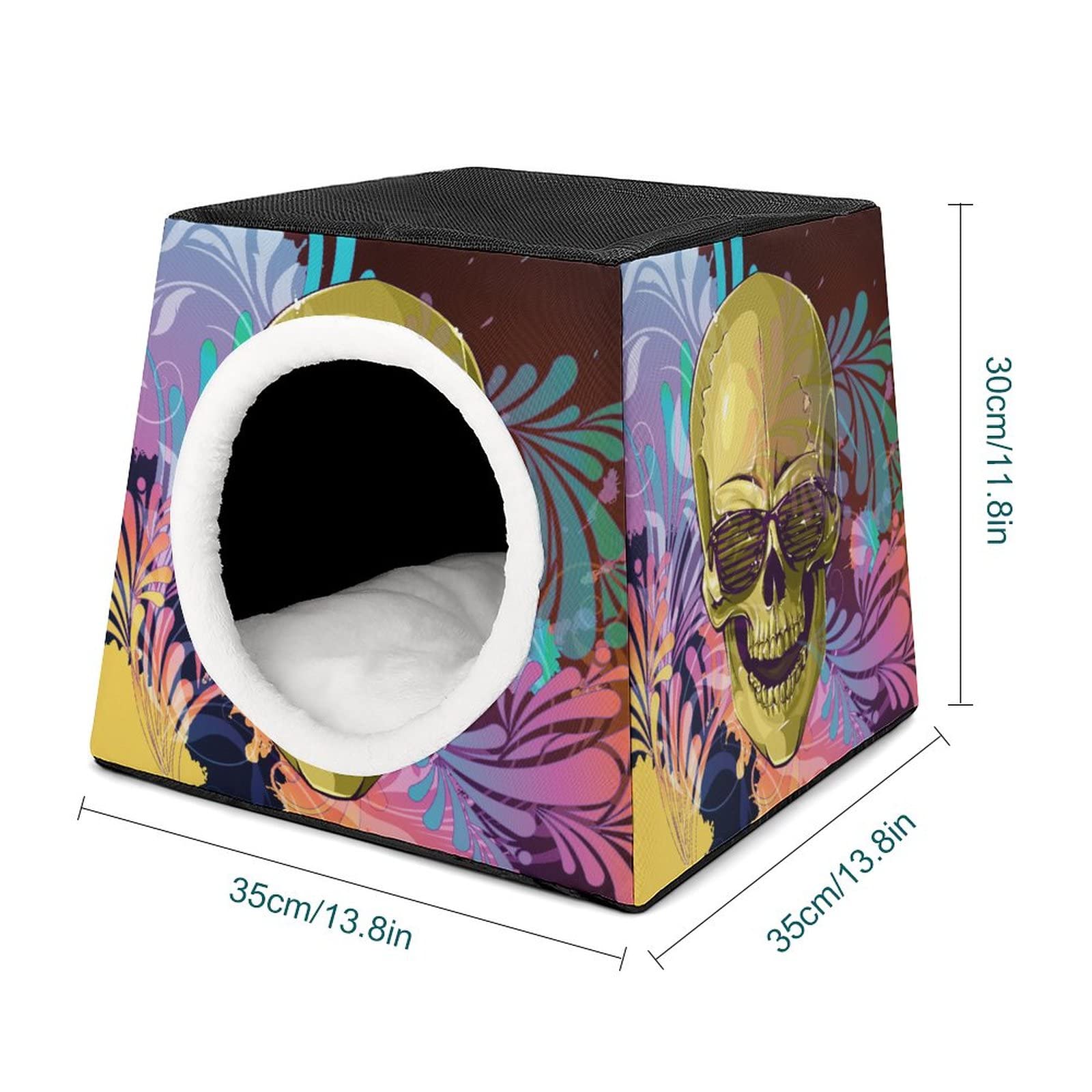 Printed Cat Cube Kitty House - Indoor Cat Bed & Small Dog Shelter - Warm & Cozy Pet Sofa with Golden Skull Design - Perfect for Cozy Napping, Playtime & Home Decor