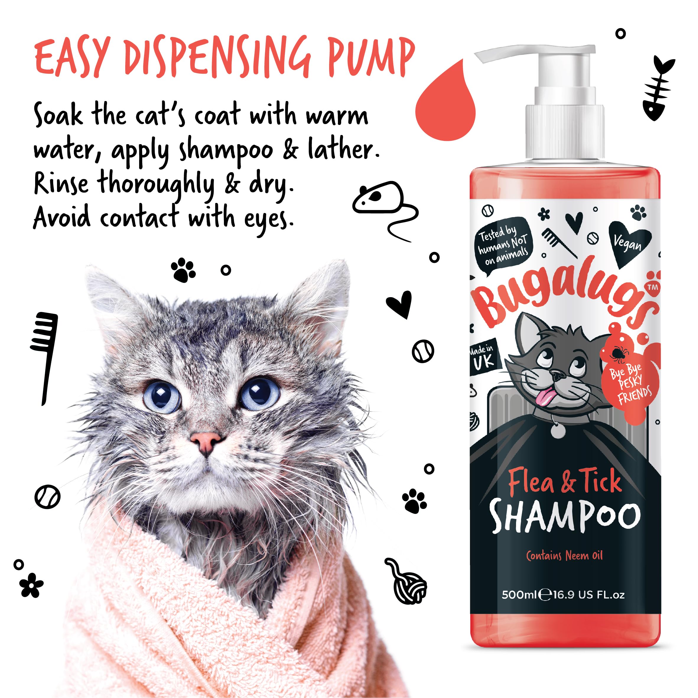 Bugalugs Flea & Tick Shampoo for Cats - 500ml Natural Neem Oil Formula | Deep Cleansing Cat Shampoo Kills Fleas, Ticks & Mites | pH Balanced Vegan Pet Care | Perfect for Bathing & Grooming Anxious Cats