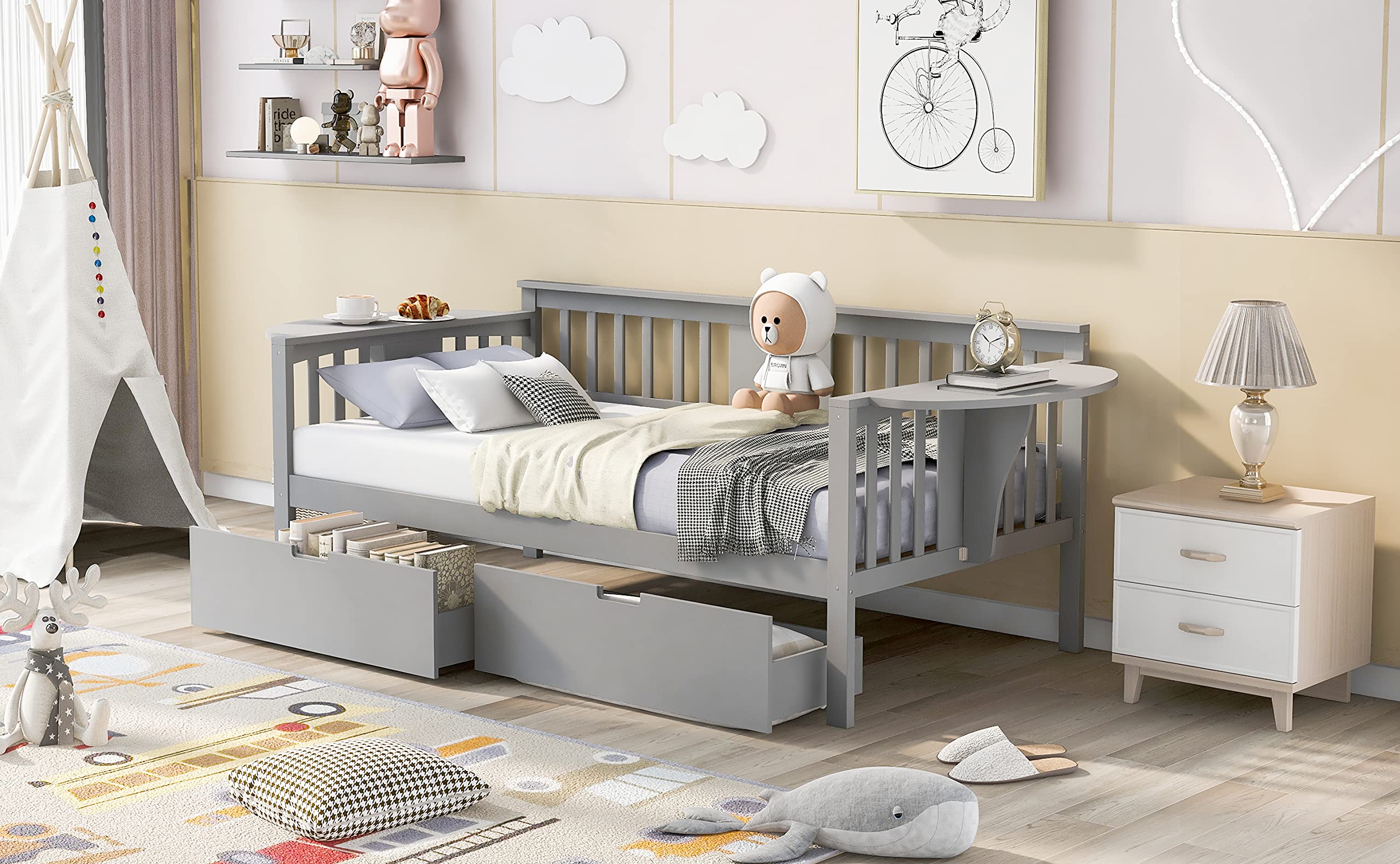 **Solid Wood Twin Daybed with 2 Storage Drawers & Side Table - No Box Spring Needed, Wood Slat Support - Gray Sofa Bed Frame for Bedroom, Living Room, Guest Room & Small Spaces**