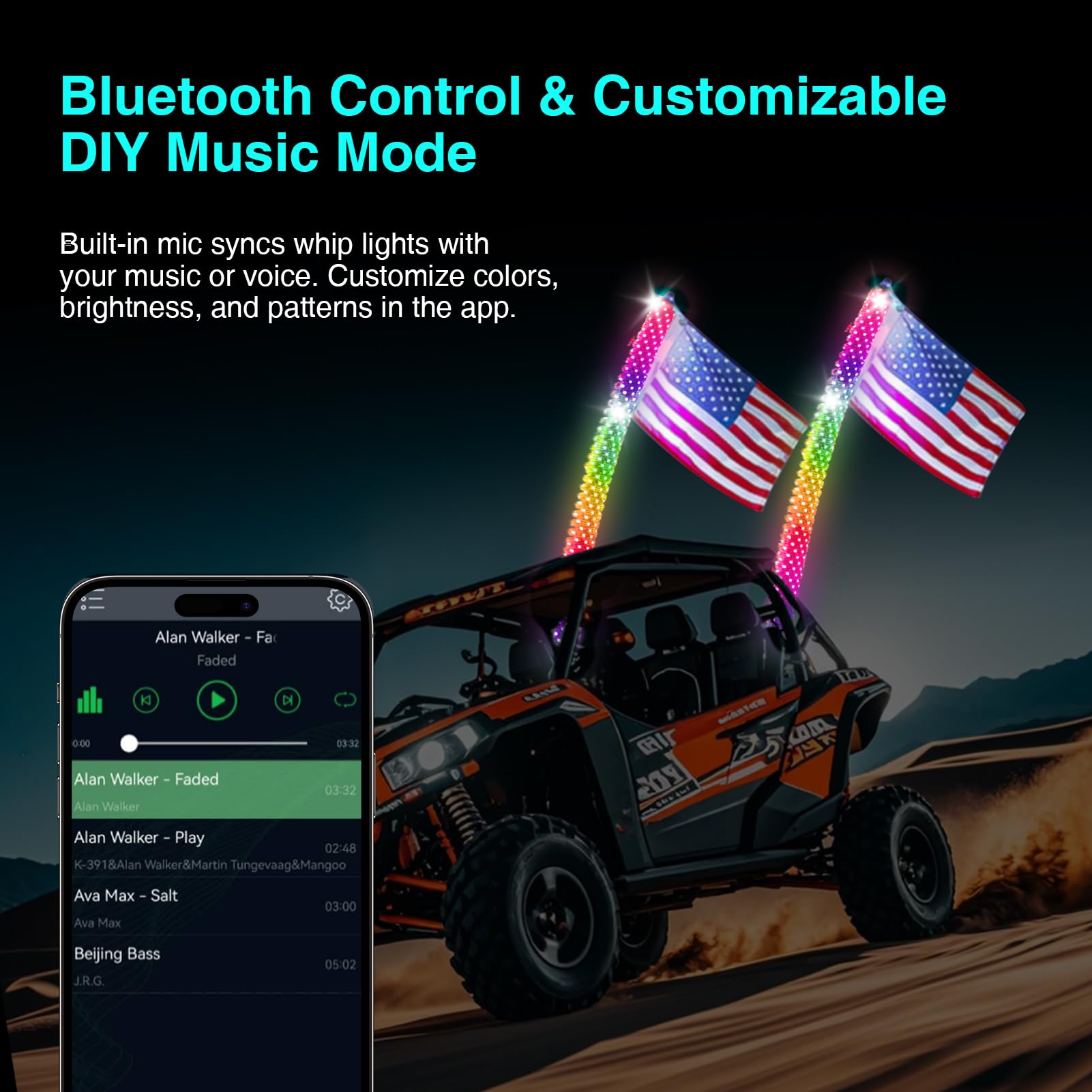 2PCS 4FT LED Whip Lights with App & Remote Control - RGB Color Changing, Music Sync, Turn Signal for UTV/ATV/RZR/SXS/Offroad Trucks - Perfect for Night Riding, Off-Road Adventures & Trail Parties