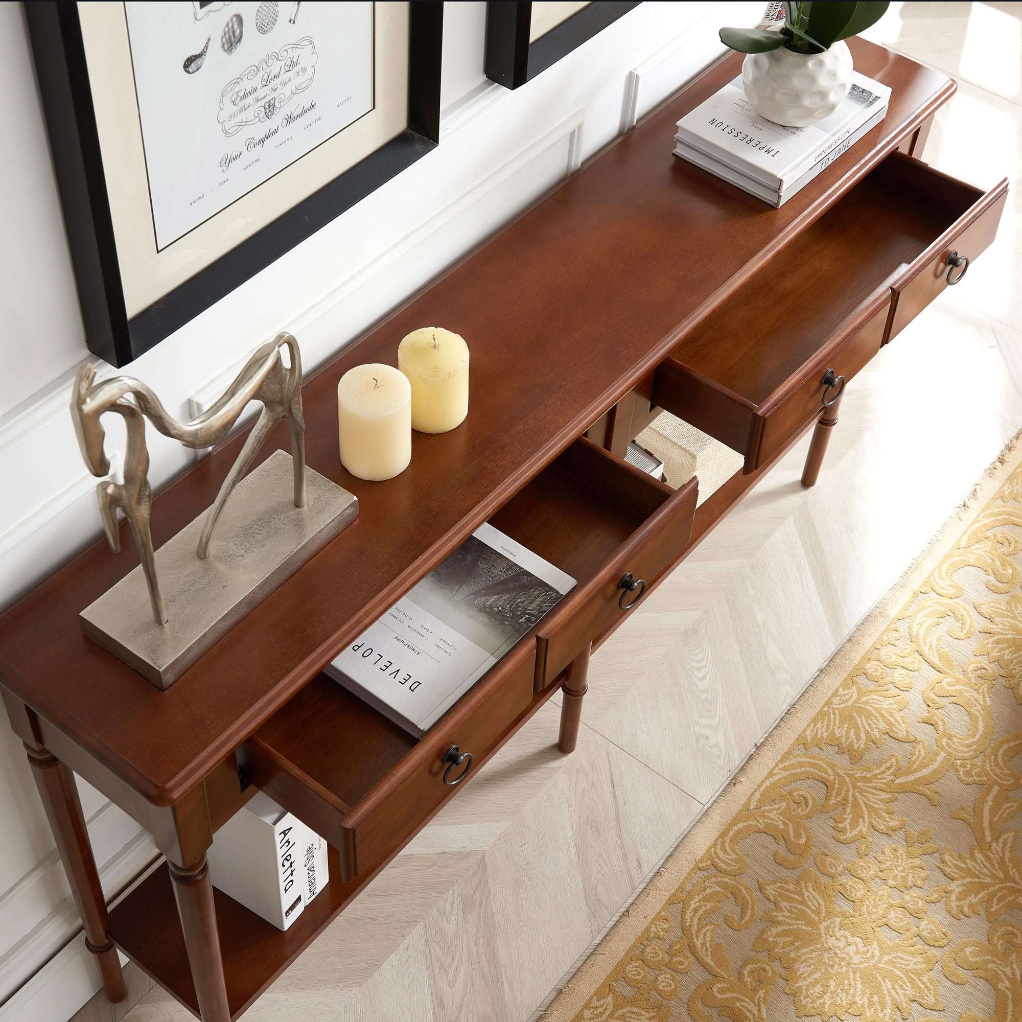 Leick Home Coastal Solid Wood Console Table with Shelf and Drawers - Rich Pecan Brown Entryway Table - Perfect for Hallways, Living Rooms & Home Decor (20028-PC) - Ideal for Farmhouse, Coastal & Modern Interior Design Styles