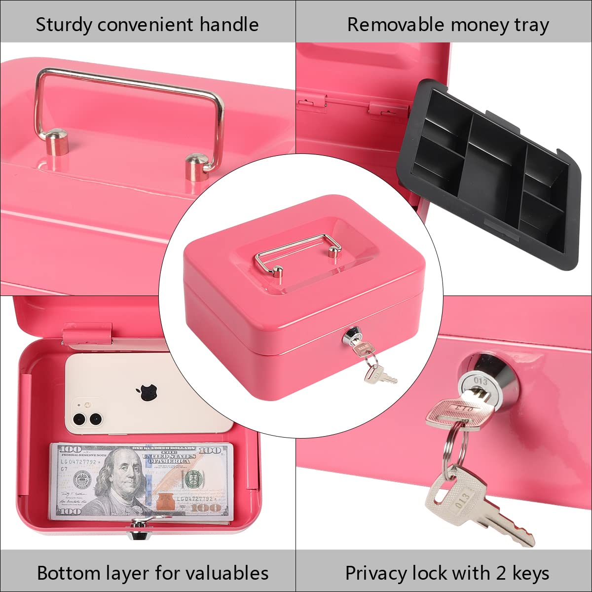 Pink Small Cash Box with Money Tray & Key Lock - 7.87