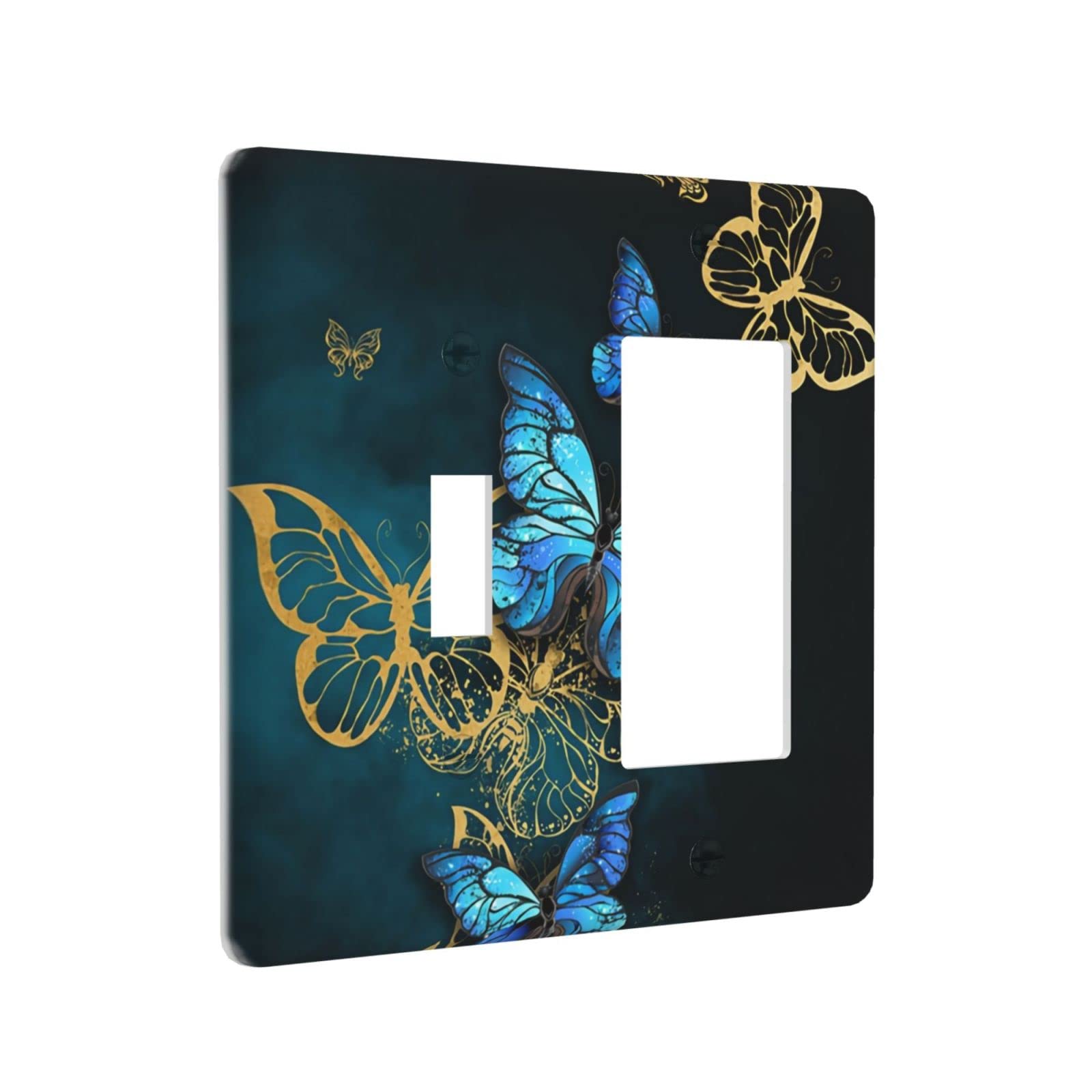 Blue Golden Butterfly 2-Gang Light Switch Cover - Decorative Combination Toggle Rocker Electrical Faceplate for Kitchen, Bathroom & Home Decor | Wall Plate for Bedroom, Living Room & Office
