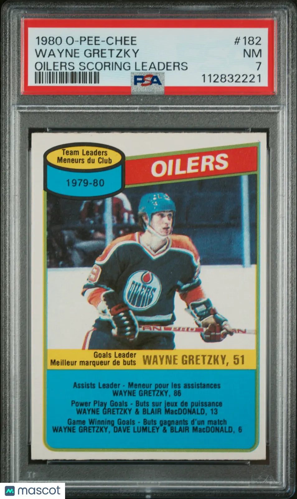 1980 O-Pee-Chee Wayne Gretzky #182 Hockey Card - Edmonton Oilers Scoring Leaders - PSA 7 NM-MT - Perfect for Sports Memorabilia Collectors & Hockey Fans Display