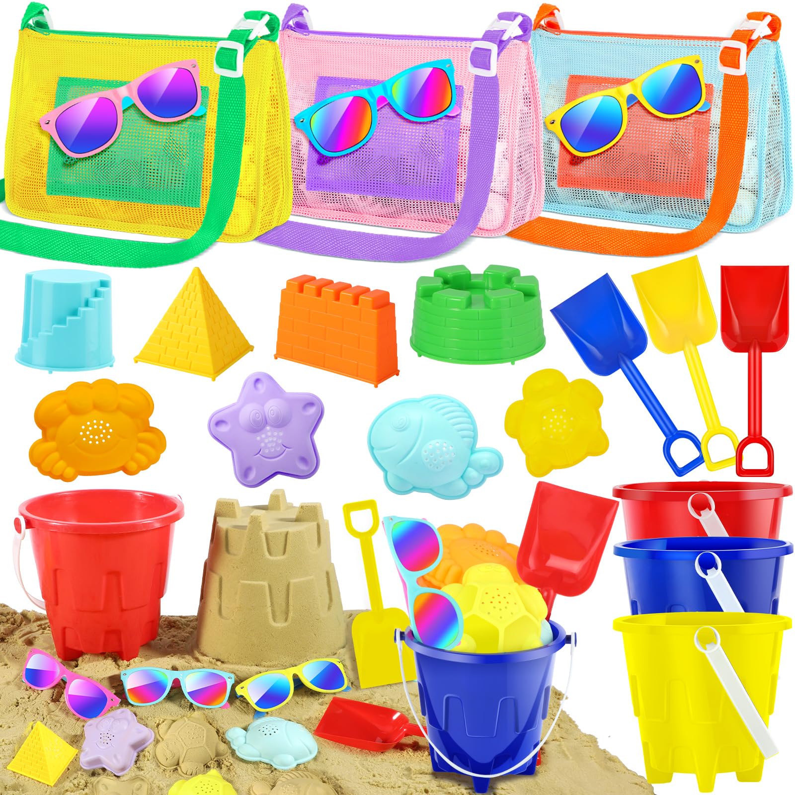 Beach Toys for Kids 3-10 - Sand Bucket, Sunglasses & Castle Set for Beach Fun