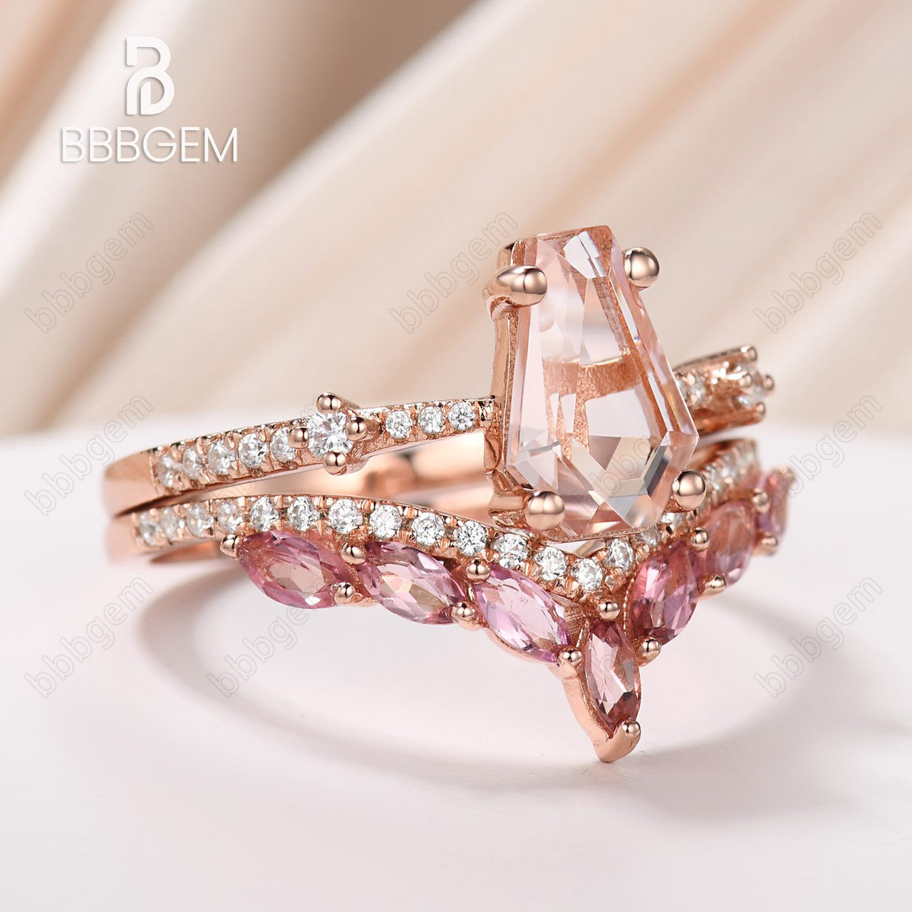 Gothic Coffin Shaped Wedding Ring Set - 14k Rose Gold Morganite & Marquise Cut Pink Sapphire Engagement Rings for Women | Alternative Gothic Jewelry, Dark Romance Wedding Bands, Unique Couple Rings for Halloween, Vampire Themed Weddings