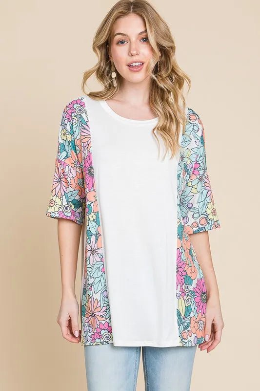 BOMBOM Women's Floral Print Round Neck Half Sleeve T-Shirt - Casual Summer Top for Outfits, Dating & Vacation