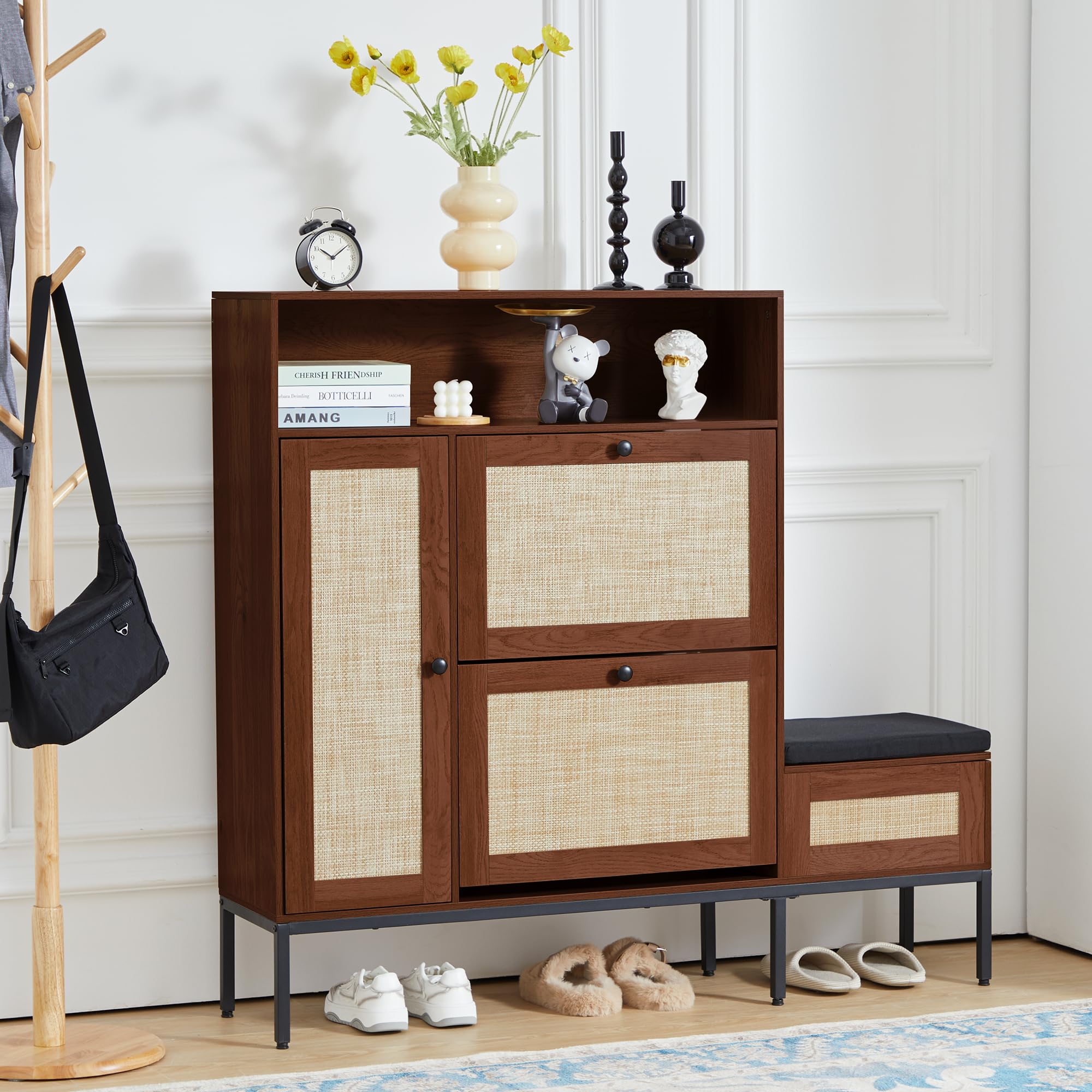 Modern Shoe Storage Cabinet with 2 Flip Drawers & Rattan Door - Entryway Bench with Hidden Space, Shoe Rack Organizer for Hallway, Living Room, Bedroom (Walnut) - Perfect for Small Spaces & Shoe Lovers