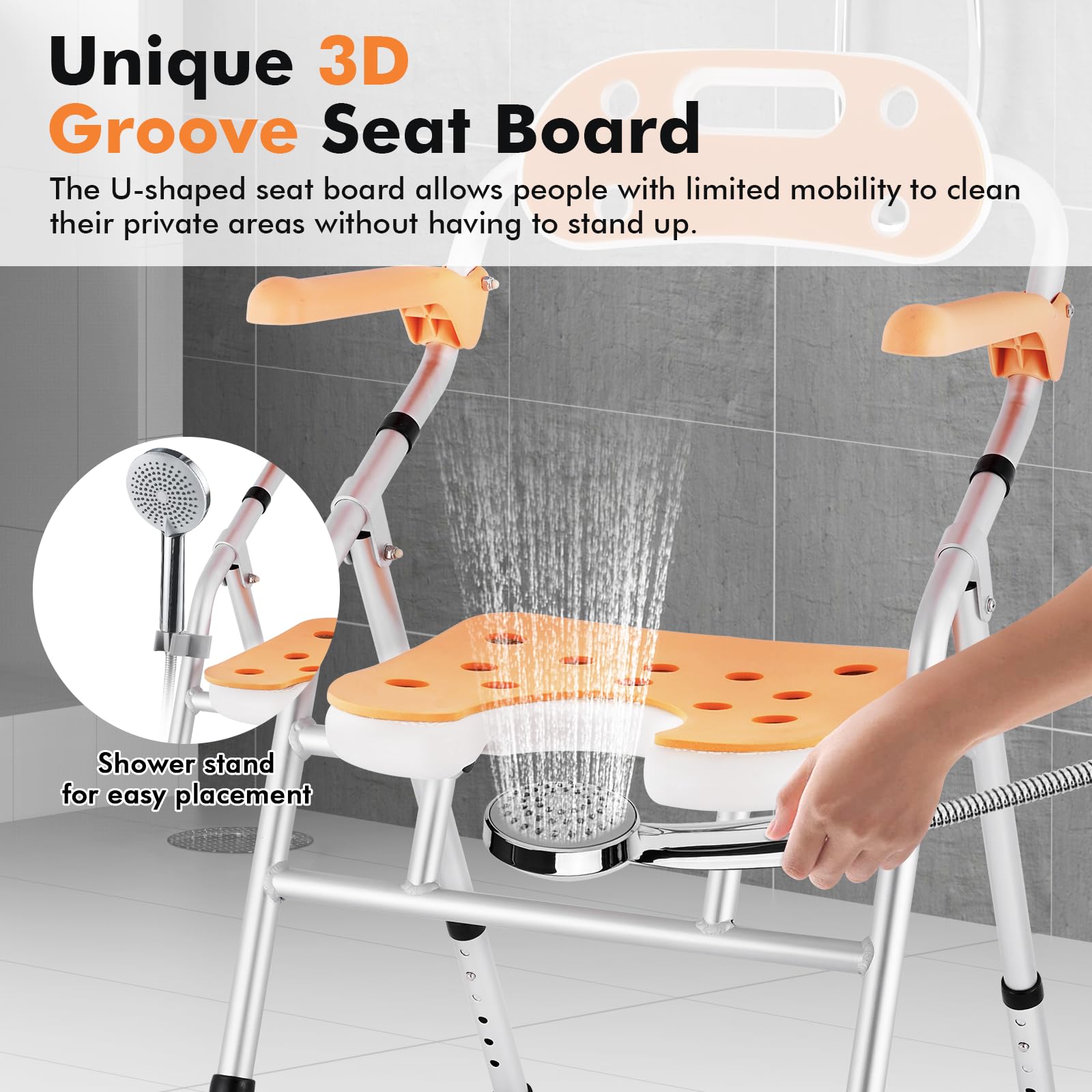 Foldable Shower Chair with Arms & Back - Adjustable Height (6 Levels) for Elderly, Pregnant & Disabled - 440lbs Weight Capacity - Non-Slip Bath Seat with Cutout Design - Perfect for Safe Bathing & Private Washing in Home & Hospital Settings
