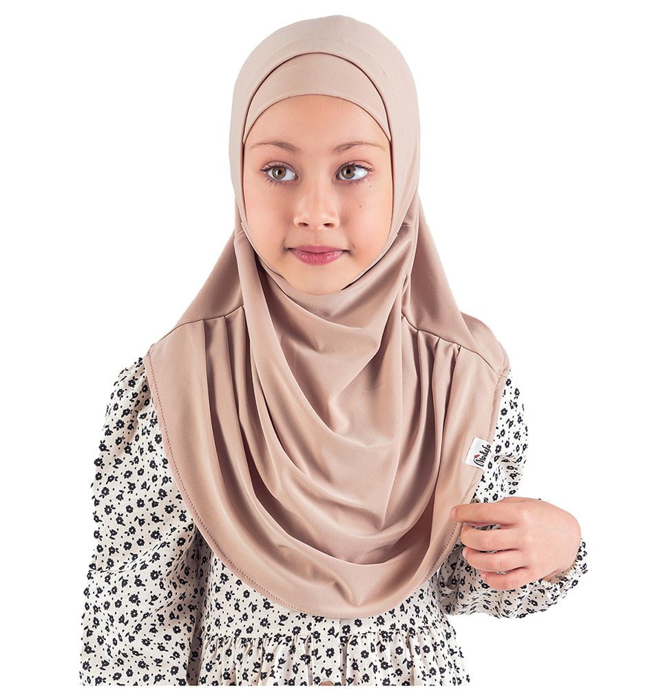 Girl's Practical Two Piece Hijab Set - Soft Beige Muslim Headscarf for School & Daily Wear