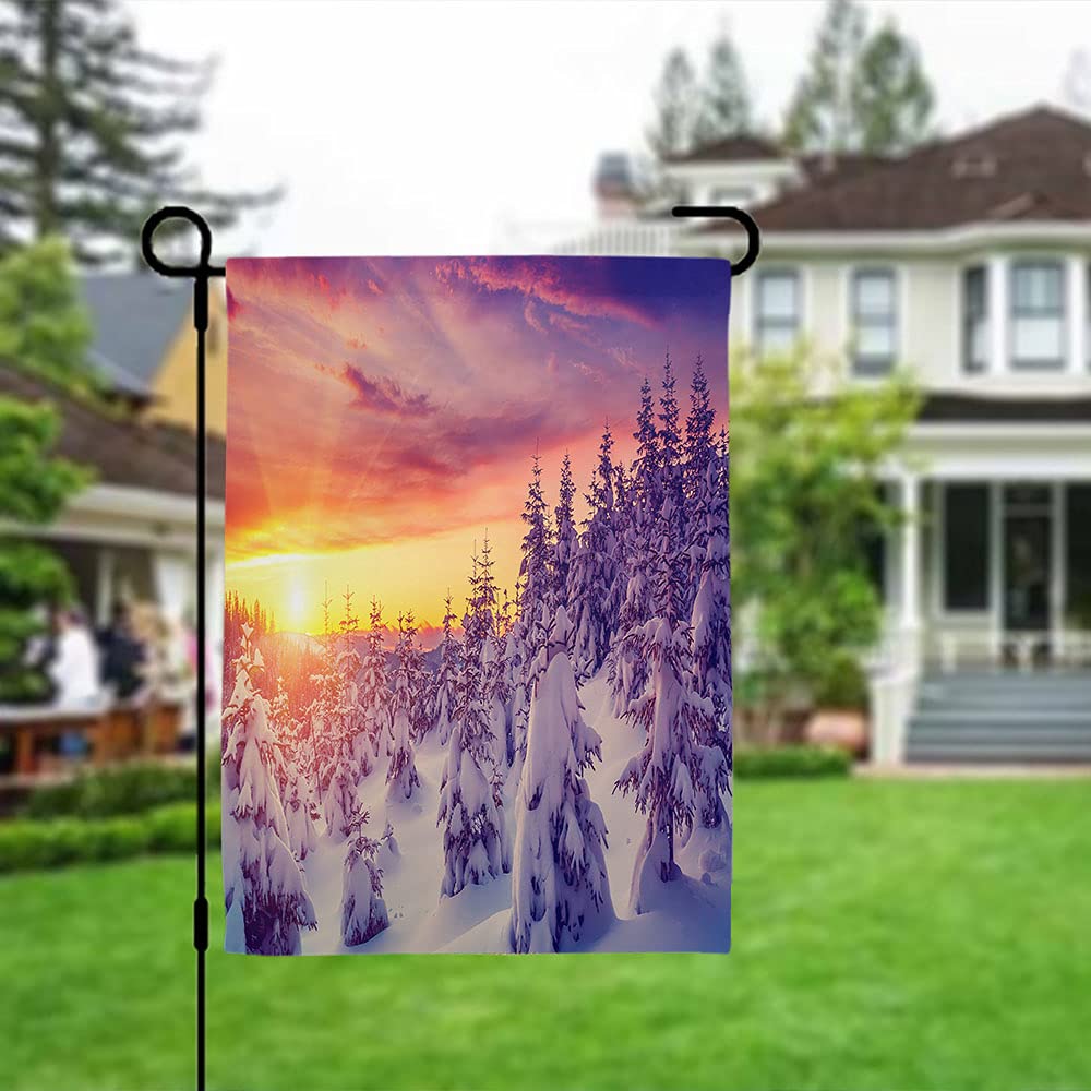 Wondertify Double Sided Garden Flag - 12x18 Inch Evening Landscape with Glowing Sunlight & Wintry Scene - Perfect for Outdoor Porch Decor, Yard Decoration, and Seasonal Home Display