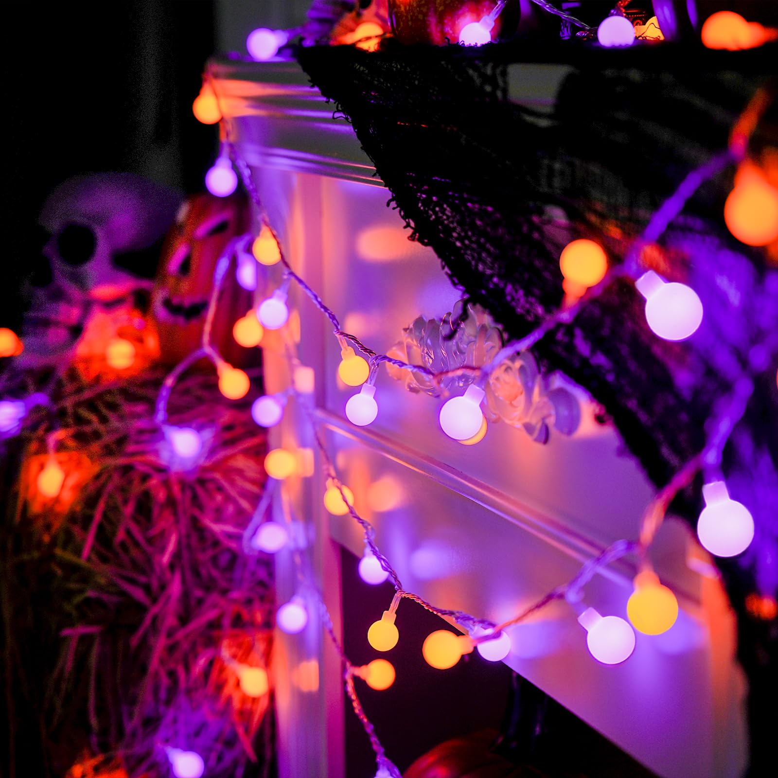 JMEXSUSS 100 LED Orange & Purple Connectable Globe String Lights - 33ft Plug-in with Remote, 8 Lighting Modes for Indoor/Outdoor Christmas Decor, Bedroom, Party & Carnival Lighting | Perfect for Holiday, Wedding, Garden & Patio Decorations