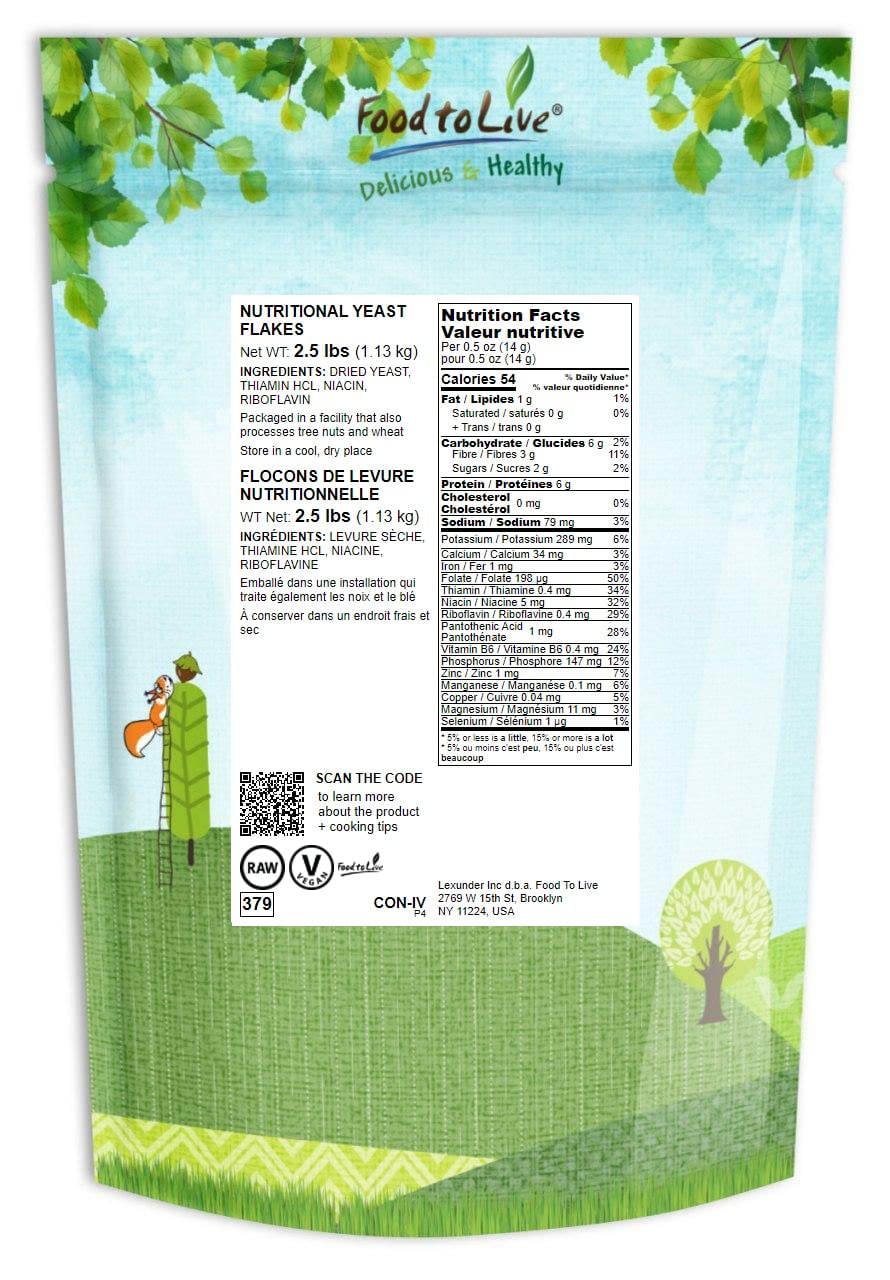 Food to Live Nutritional Yeast Flakes - 2.5lbs Fortified Large Flakes | Inactive, Unsweetened Vegan Thickener | Rich in Protein & Vitamins B12 | Perfect for Vegan Cheese, Baking, Sauces & Popcorn Seasoning