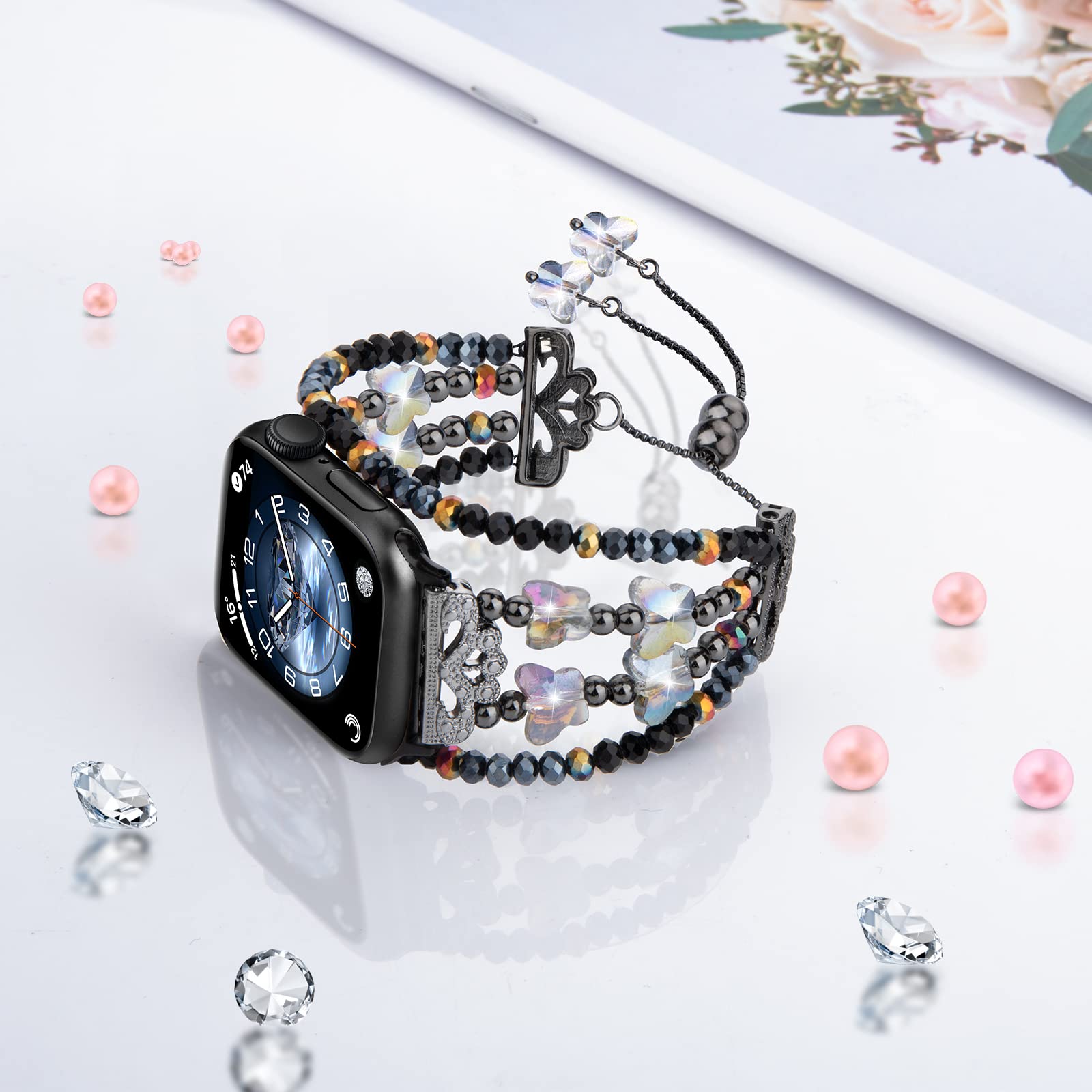 TOMAZON Butterfly Beaded Charm Bracelet Band for Apple Watch Series 9/8/7/SE/6/5/4 (38mm/40mm/41mm) - Slim Crystal Wristband for Women, Handmade Bling Accessory - Perfect for Parties, Weddings & Everyday Wear
