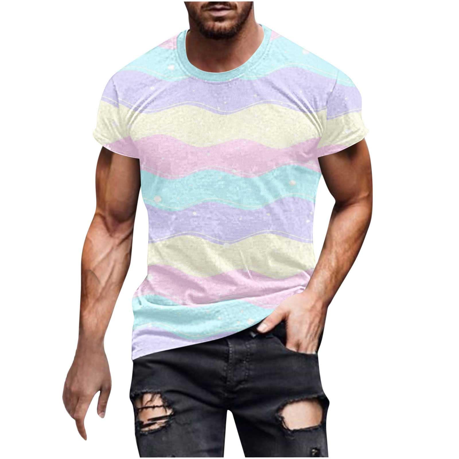 Men's Easter Print T-Shirt - Short Sleeve Graphic Tee with Striped Color Block Design - Summer Fashion Holiday Top for Casual Wear, Easter Celebrations & Outdoor Activities