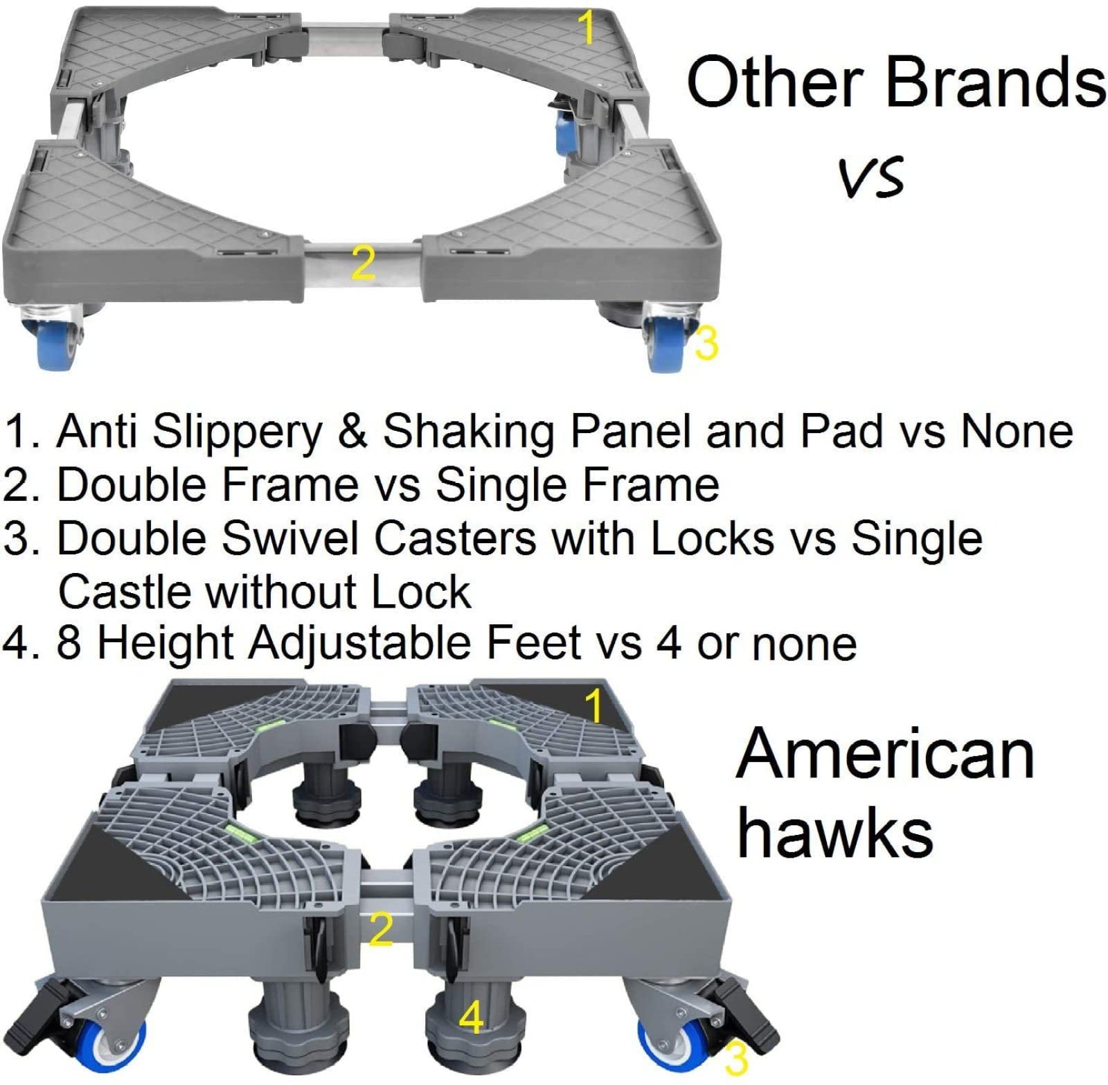Adjustable Washing Machine Base Bracket - Heavy Duty 300kg Capacity, Universal Stand for Washer Dryer & Refrigerator, 8 Feet with 4 Wheels - Perfect for Laundry Room, Basement & Small Appliance Storage