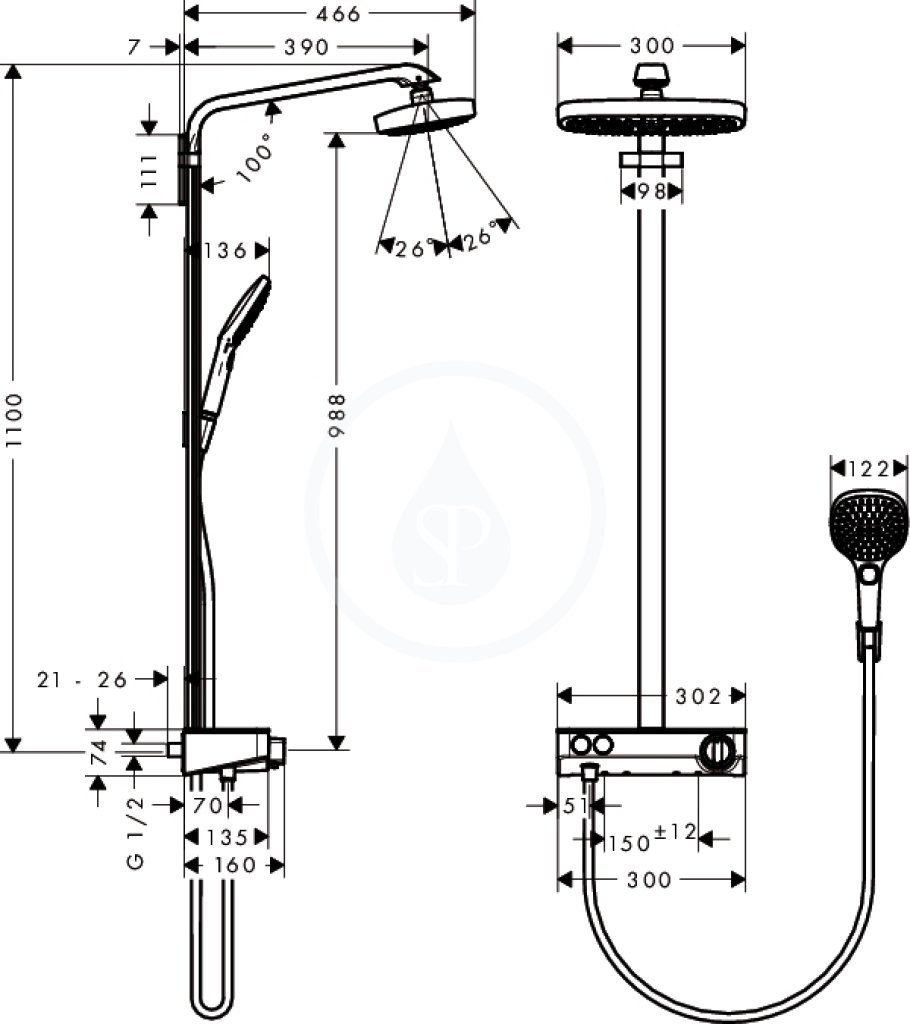 Hansgrohe Croma 100 Shower Holder Set - Wall Mounted Mono Shower Arm with 125cm (49