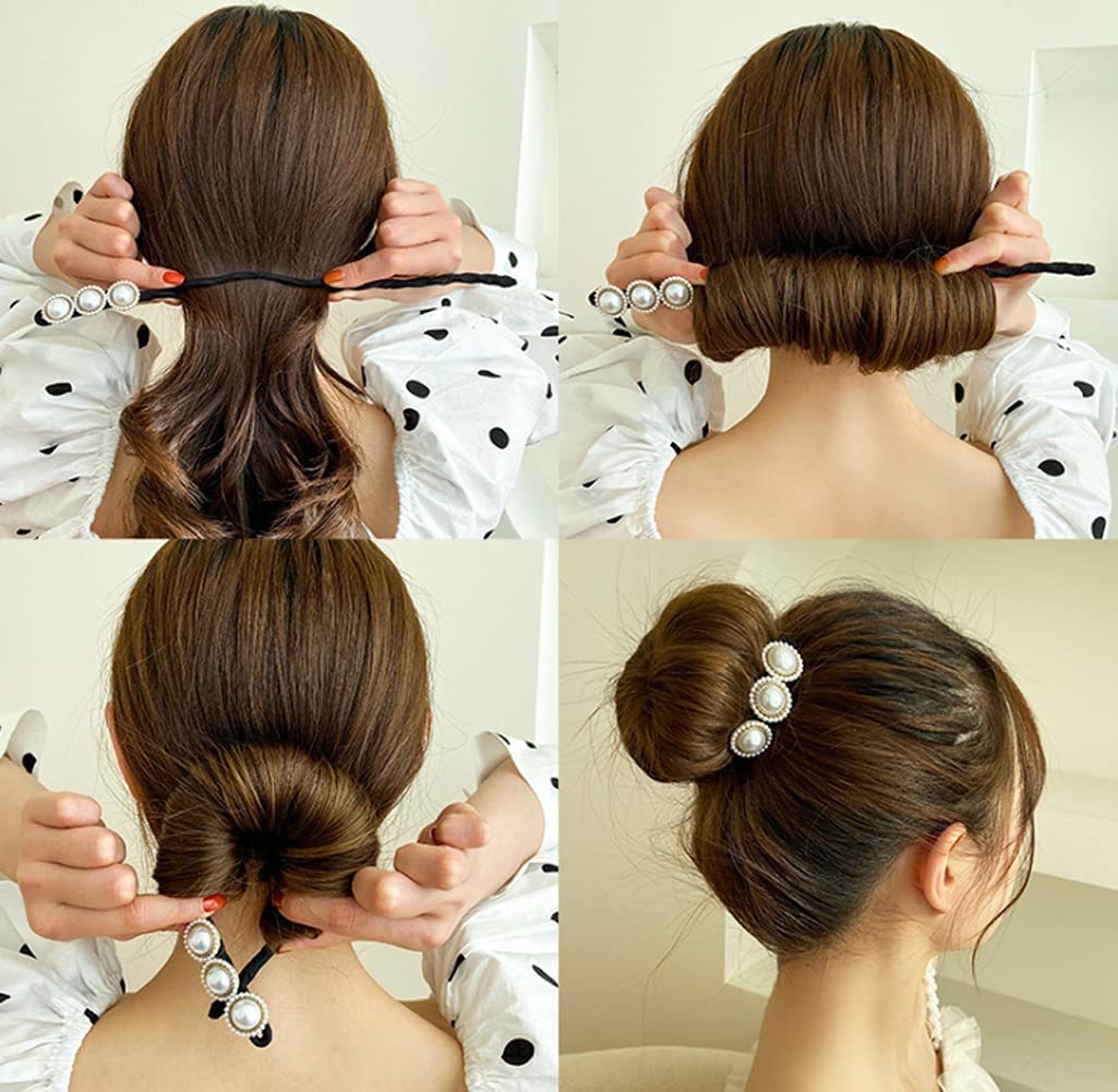 4 Pcs Magic Hair Bun Maker Set with Pearl & Flower - Easy DIY Hair Styling Tools for Women & Girls - Perfect for Weddings, Parties & Everyday Hairstyles