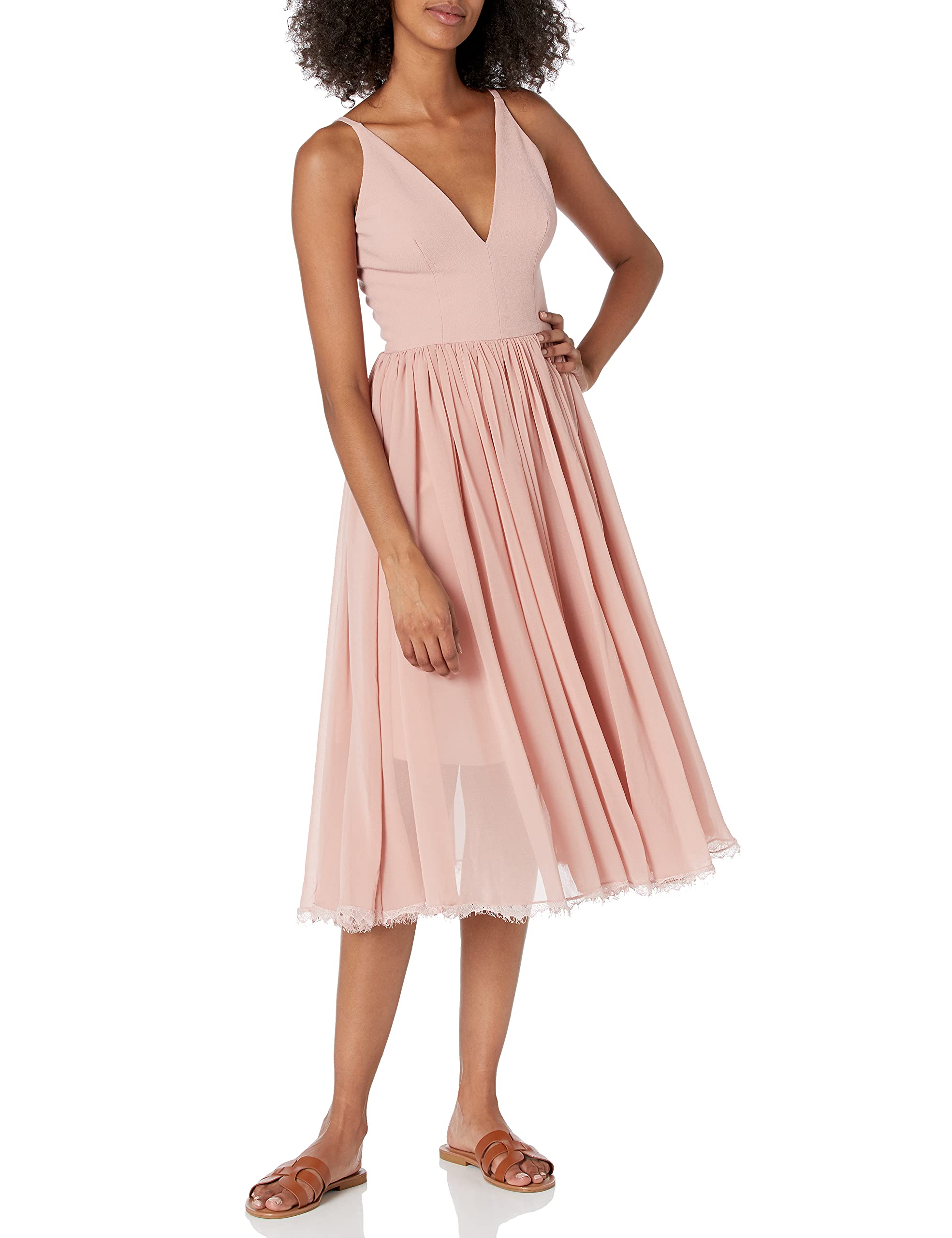 Dress the Population Alicia Plunging Mixed Media Sleeveless Fit & Flare Midi Dress for Women | Cocktail Party & Wedding Guest Outfit
