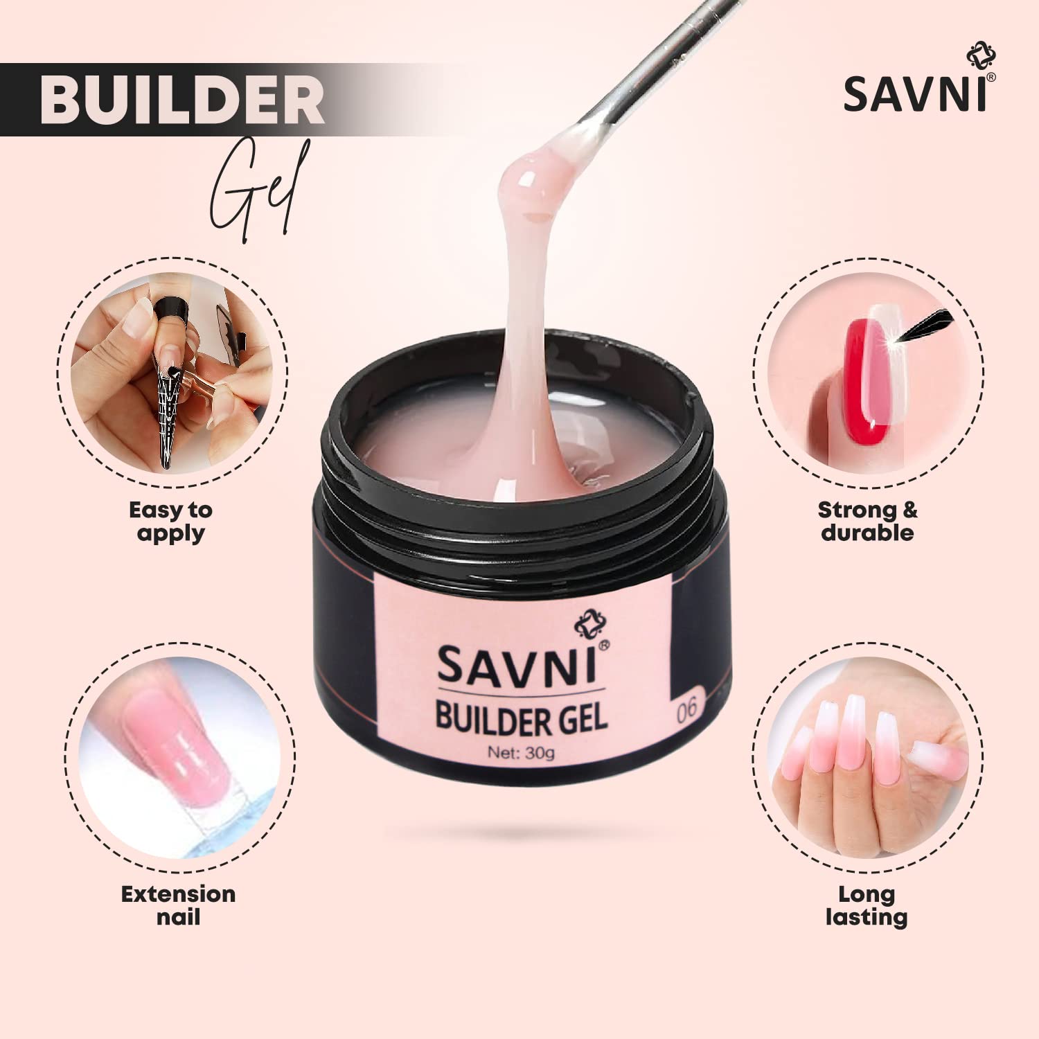 Savni Builder Gel Soft Gel for Nail Extensions - 30g Pink UV/LED Nail Art Manicure Set - Perfect for Salon Professionals & DIY Nail Enthusiasts