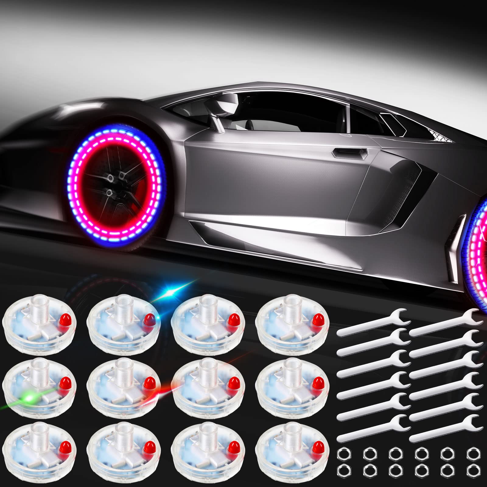 12 Pack Solar LED Tire Valve Stem Lights - Waterproof Wheel Rim Lights for Cars, Trucks, Motorcycles & Bicycles | Auto Accessories for Night Safety & Style | Perfect for Road Trips, Car Shows & Night Rides