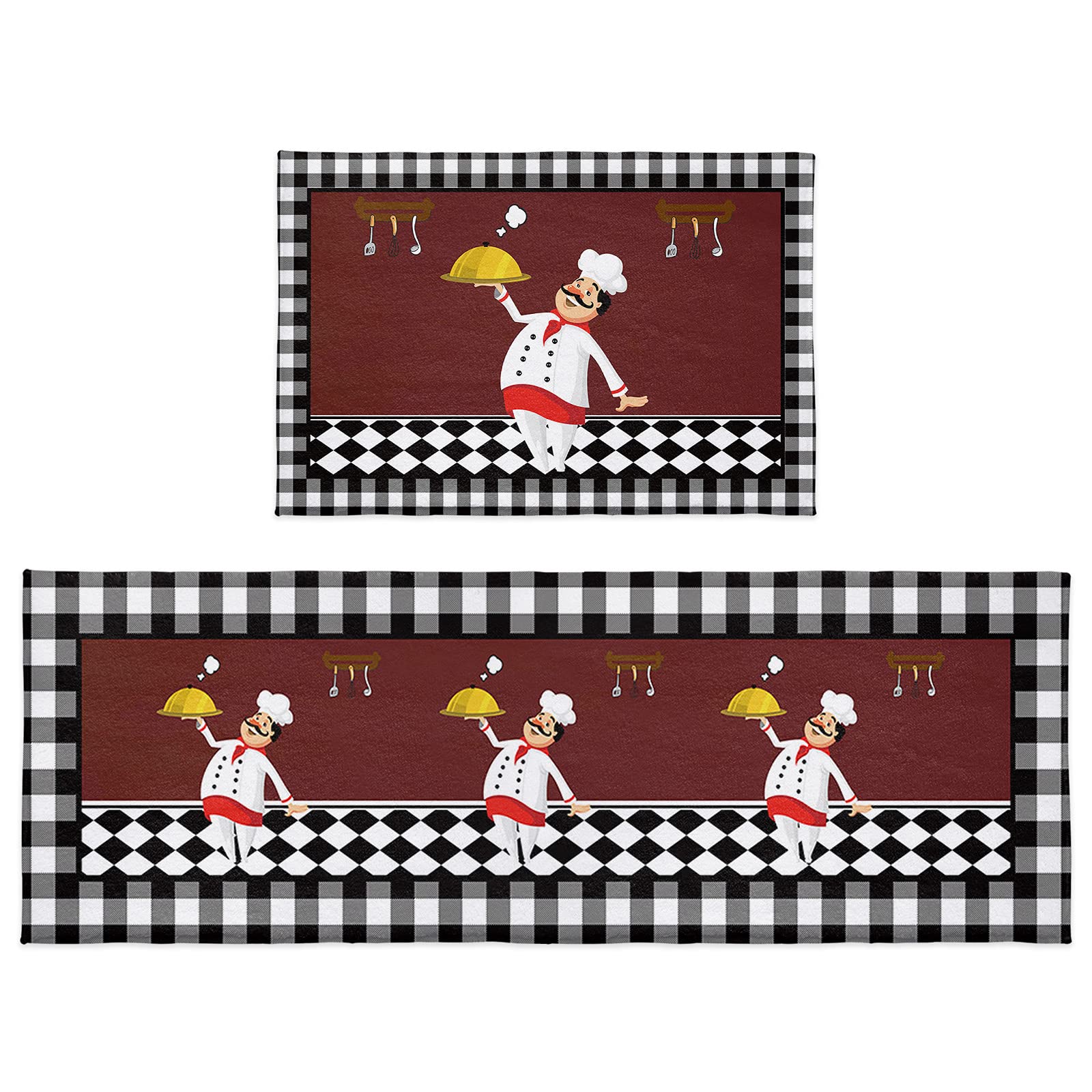 Non-Slip Anti-Fatigue Kitchen Mats Set of 2 - Cartoon Chef Design Cushioned Floor Rugs for Standing Comfort, Absorbent Plush Doormats for Bedroom & Bathroom - Perfect for Kitchens, Offices, and High-Traffic Areas