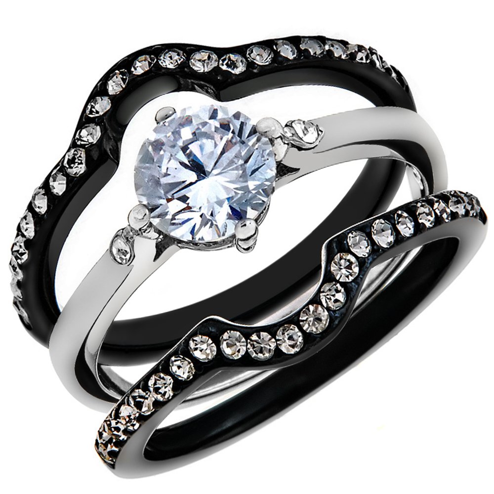 1.90ct CZ Black Steel Wedding Ring Set for Women Size 5-11 | Elegant Bridal Jewelry