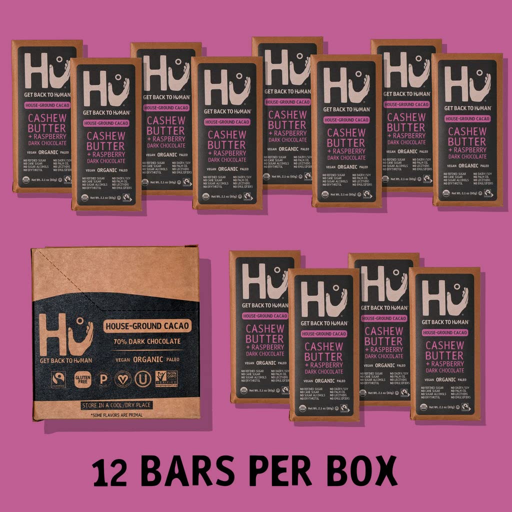 Organic Dark Chocolate Bars 12 Pack - Vegan, Gluten Free, Paleo, Non-GMO, Fair Trade | Hu Raspberry Dark Chocolate | Perfect for Gifts, Snacking & Healthy Desserts