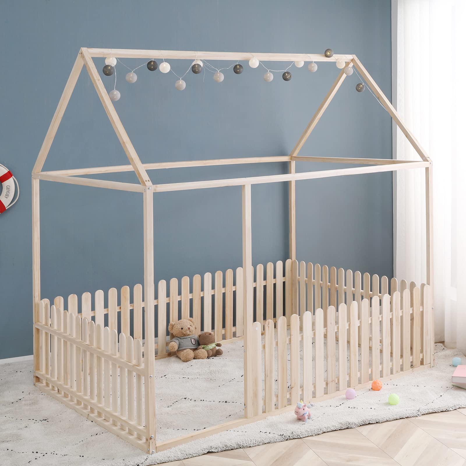 Givenusmyf Full Size Double Floor Bed Frame with Roof & Fence - Sturdy Wooden Kids Bed for Boys & Girls, Teens Room - Perfect for Small Spaces, Playrooms & Montessori Style Bedrooms