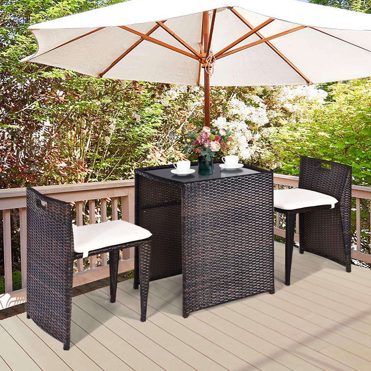 RELAX4LIFE 3-Piece Outdoor Patio Furniture Set - PE Rattan Wicker Bistro Set with Cushions & Glass Top Table, Brown - Perfect for Garden, Balcony, Poolside & Backyard Relaxation