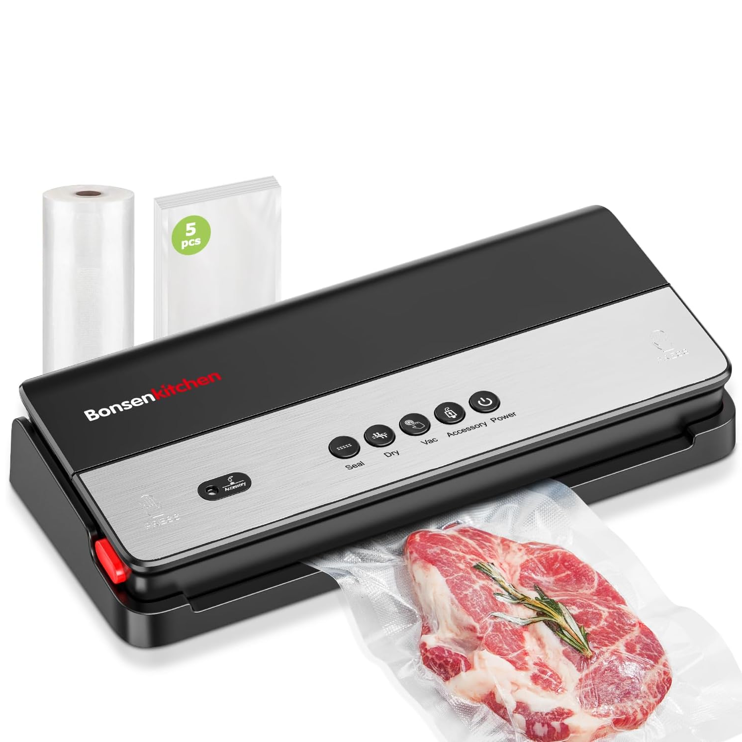 Bonsenkitchen Vacuum Sealer Machine for Food Preservation - Multi-Functional with Built-in Cutter & Bag Storage | High-Speed Continuous Sealing with Globefish Technology | Includes Vacuum Bags & Roll | Perfect for Meal Prep, Sous Vide & Long-Term Food Storage