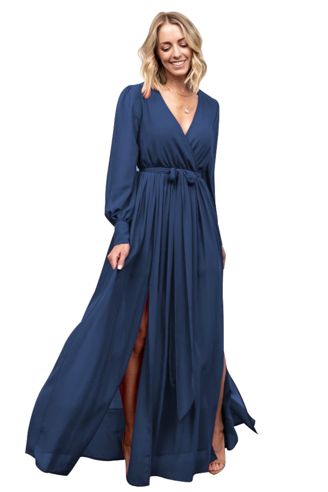 Elegant Women's V-Neck Long Sleeve Bridesmaid Dress with High Slit - Formal Evening Gown for Weddings, Parties & Special Occasions