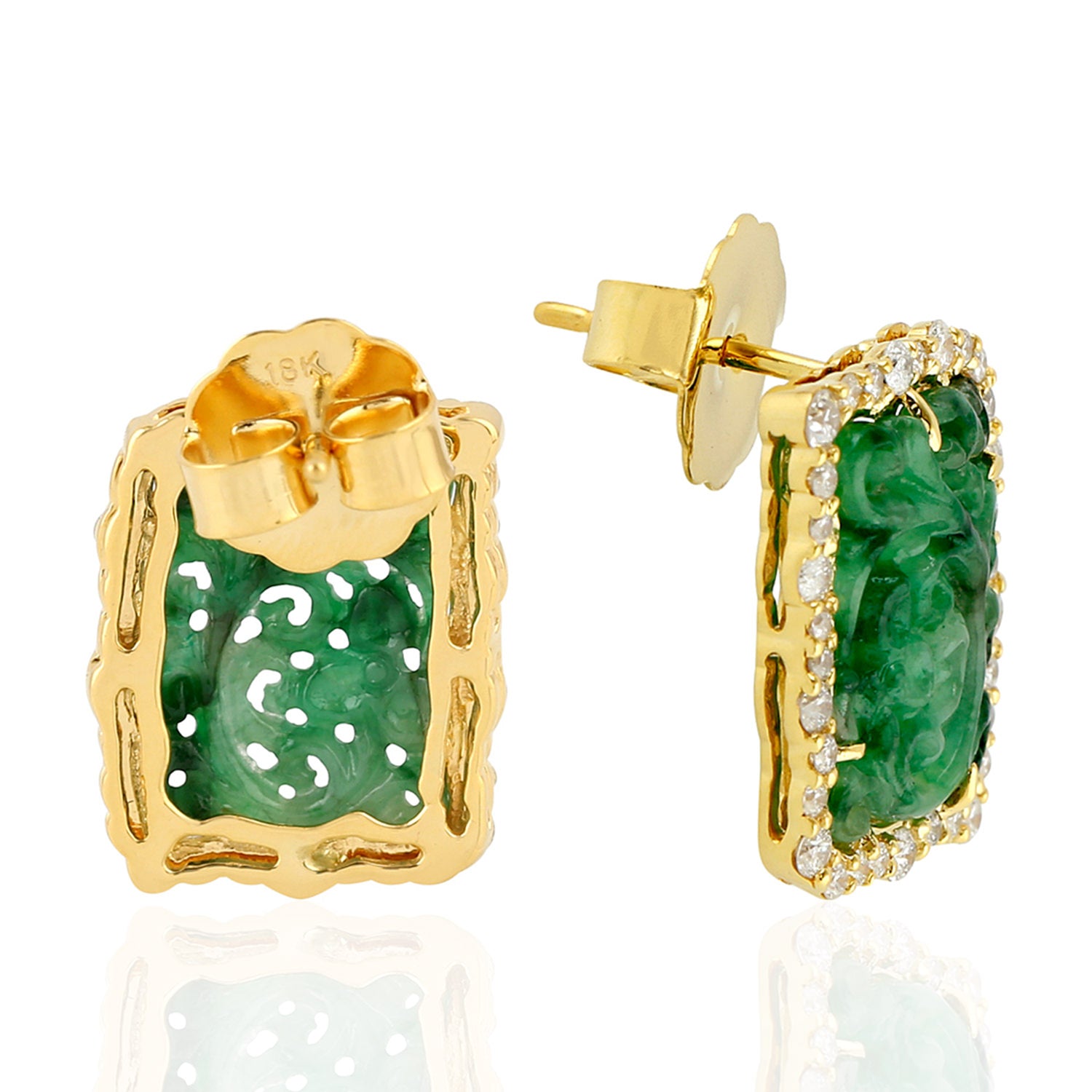 Hand Carved Jade Pave Diamond Designer Stud Earrings in 18k Yellow Gold - Luxury Jewelry for Women, Perfect for Weddings, Parties & Special Occasions
