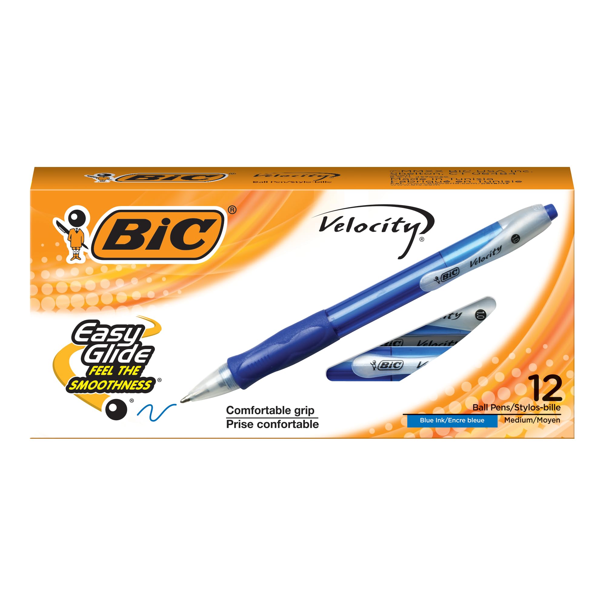 BIC Velocity Retractable Ballpoint Pens - Medium Point 1.0mm, Blue Ink, 12-Pack with Comfortable Grip for Office, School & Home Use - Smooth Writing Pens for Notes, Journaling & Everyday Tasks