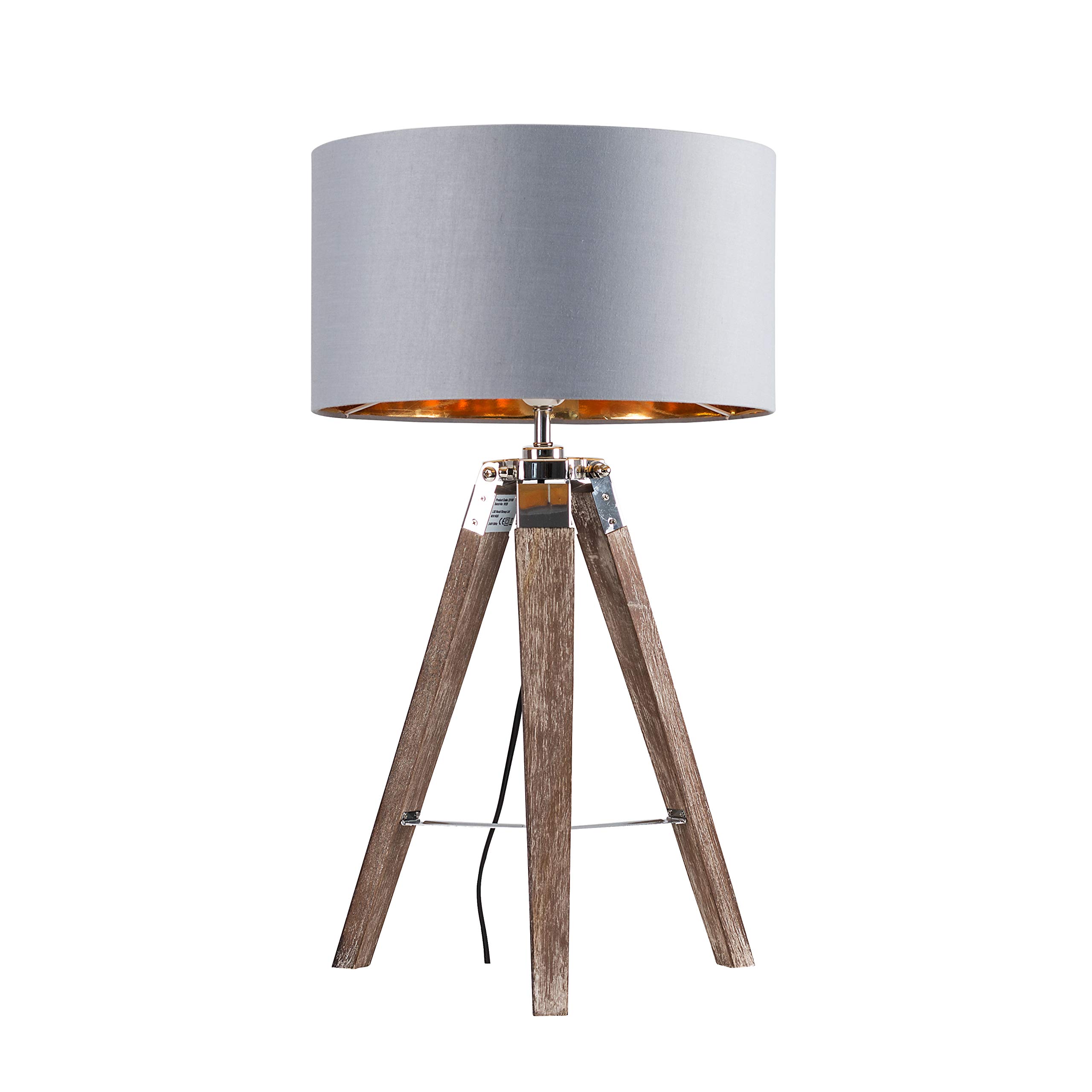 MiniSun Modern Light Wood and Chrome Table Lamp with Warm Grey/Gold Drum Shade - 6W LED Bulb Included (3000K Warm White) - Stylish Home Decor for Living Room, Bedroom & Office Lighting